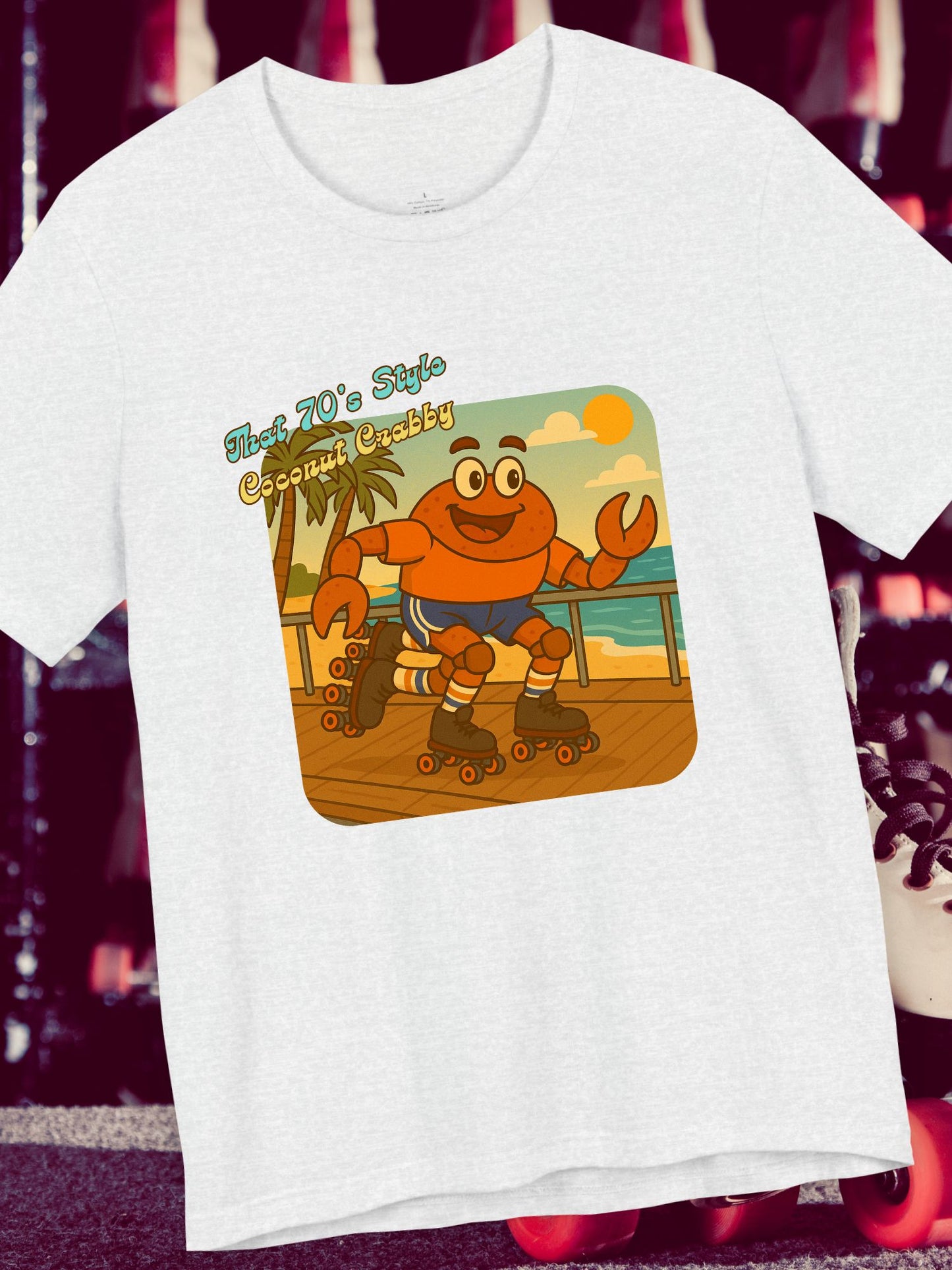 'That 70's Style Coconut Crabby' Retro Graphic Unisex T-Shirt, Cute Roller Skating Crab Beach T-Shirt, Fun Summer Casual Wear, Vintage Design, Gift for Roller Skaters