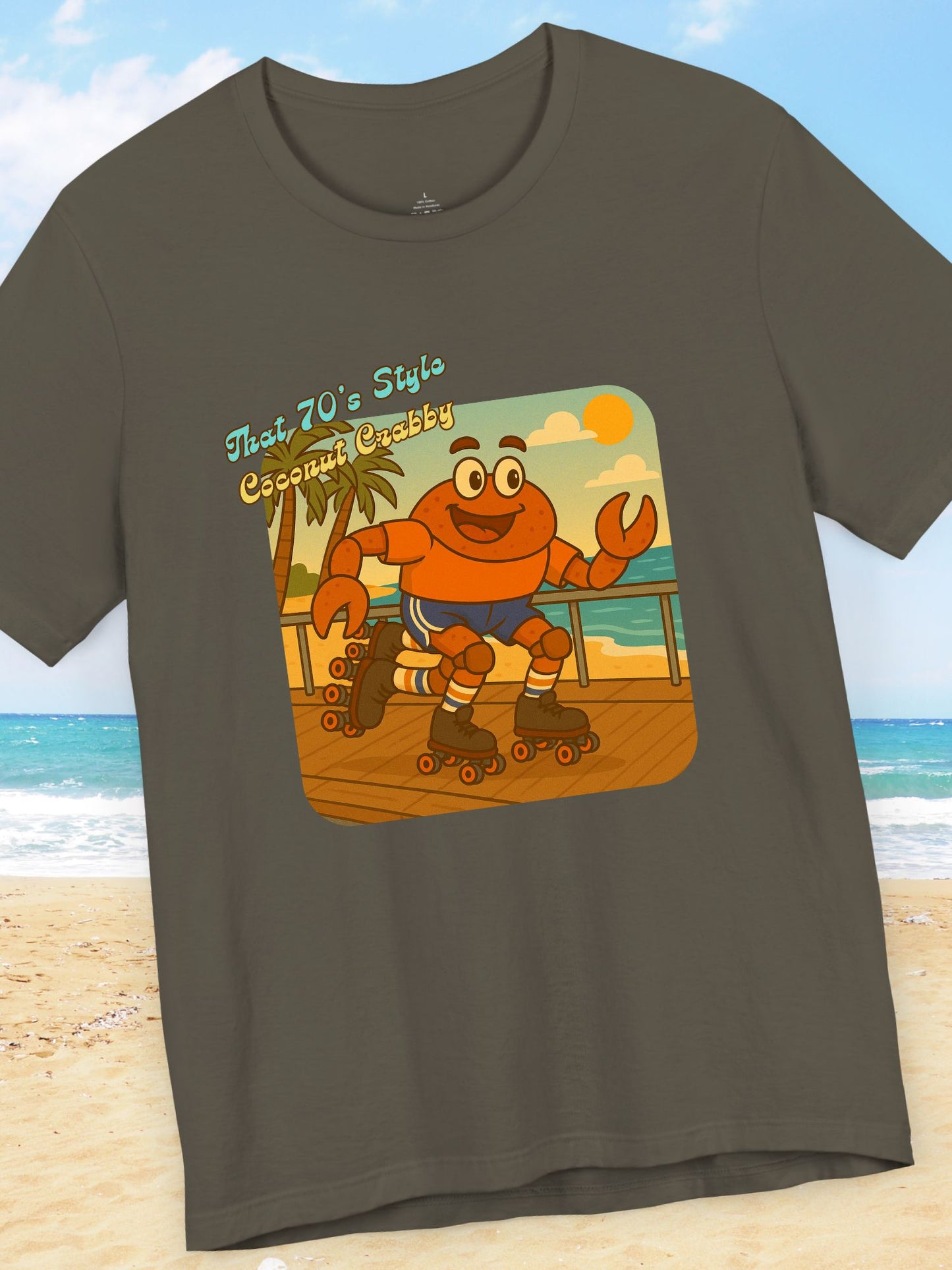 'That 70's Style Coconut Crabby' Retro Graphic Unisex T-Shirt, Cute Roller Skating Crab Beach T-Shirt, Fun Summer Casual Wear, Vintage Design, Gift for Roller Skaters