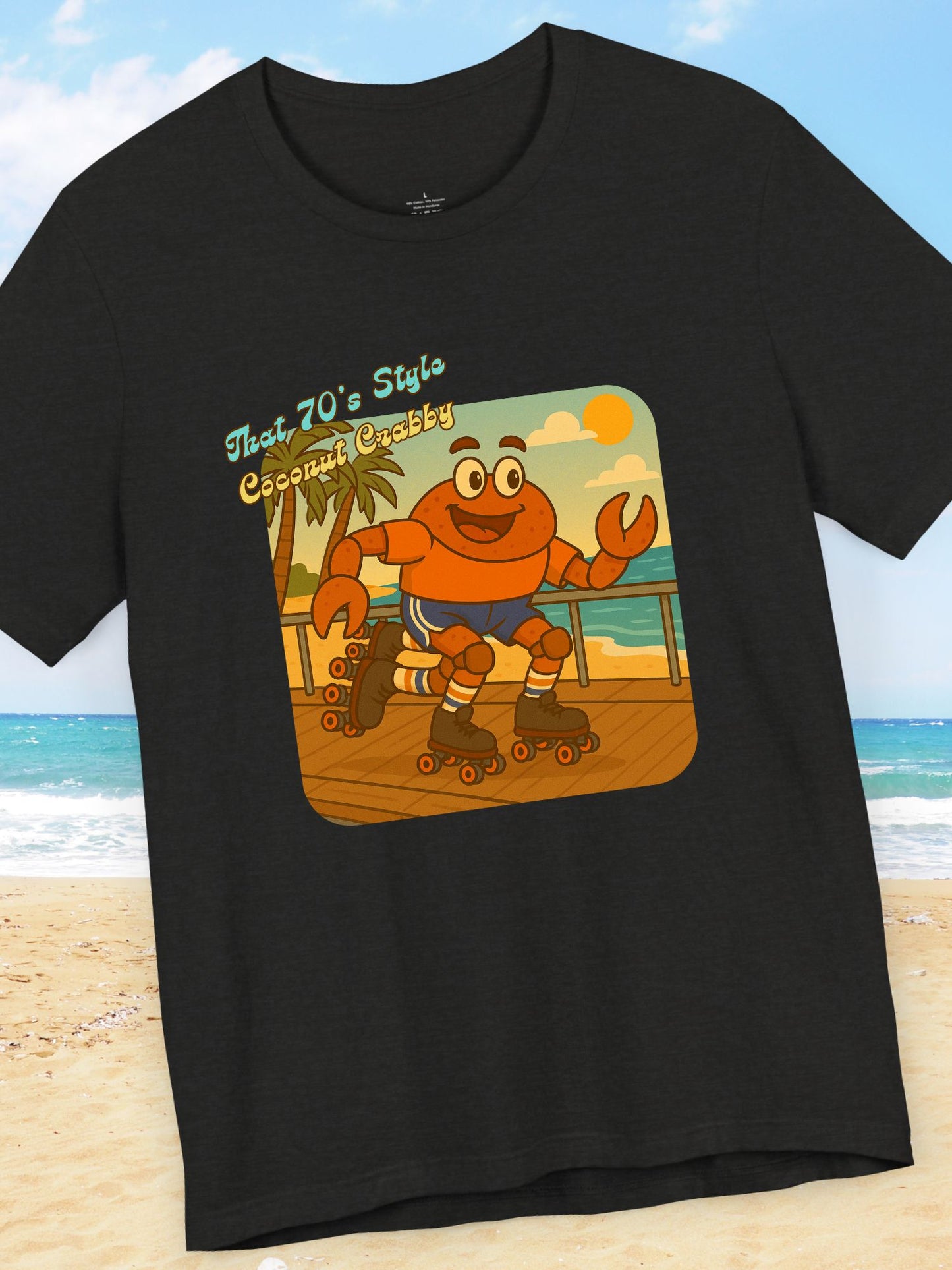 'That 70's Style Coconut Crabby' Retro Graphic Unisex T-Shirt, Cute Roller Skating Crab Beach T-Shirt, Fun Summer Casual Wear, Vintage Design, Gift for Roller Skaters