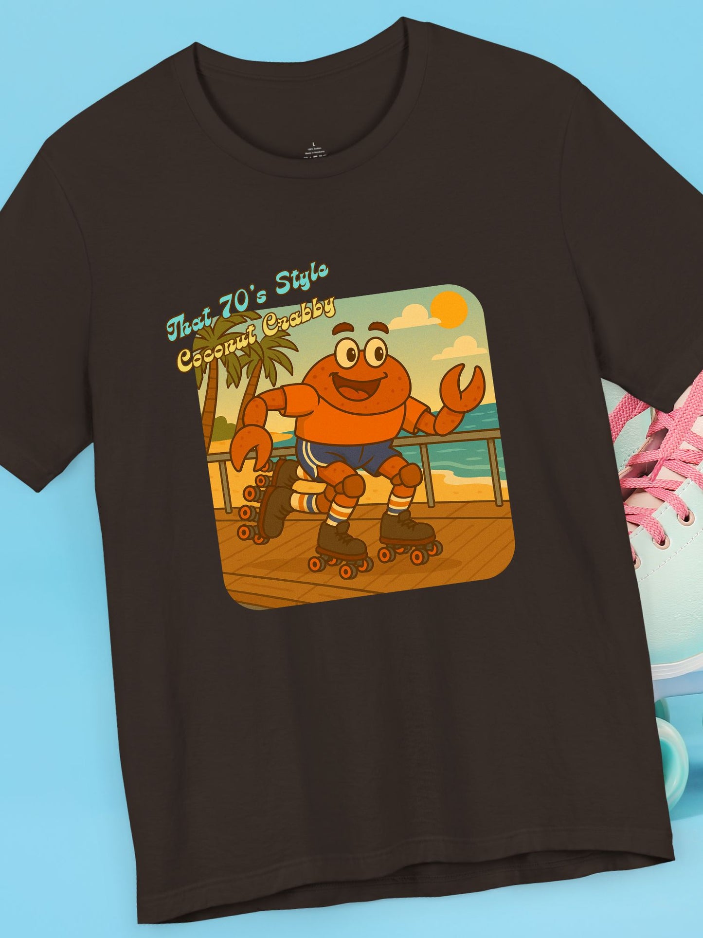 'That 70's Style Coconut Crabby' Retro Graphic Unisex T-Shirt, Cute Roller Skating Crab Beach T-Shirt, Fun Summer Casual Wear, Vintage Design, Gift for Roller Skaters