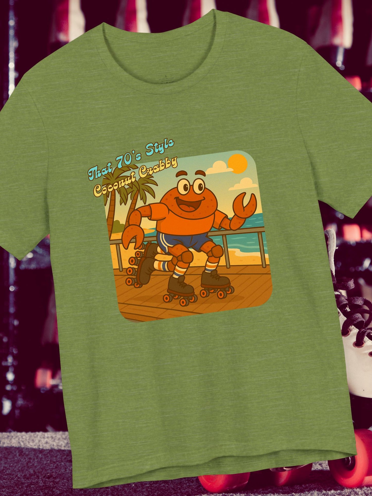 'That 70's Style Coconut Crabby' Retro Graphic Unisex T-Shirt, Cute Roller Skating Crab Beach T-Shirt, Fun Summer Casual Wear, Vintage Design, Gift for Roller Skaters