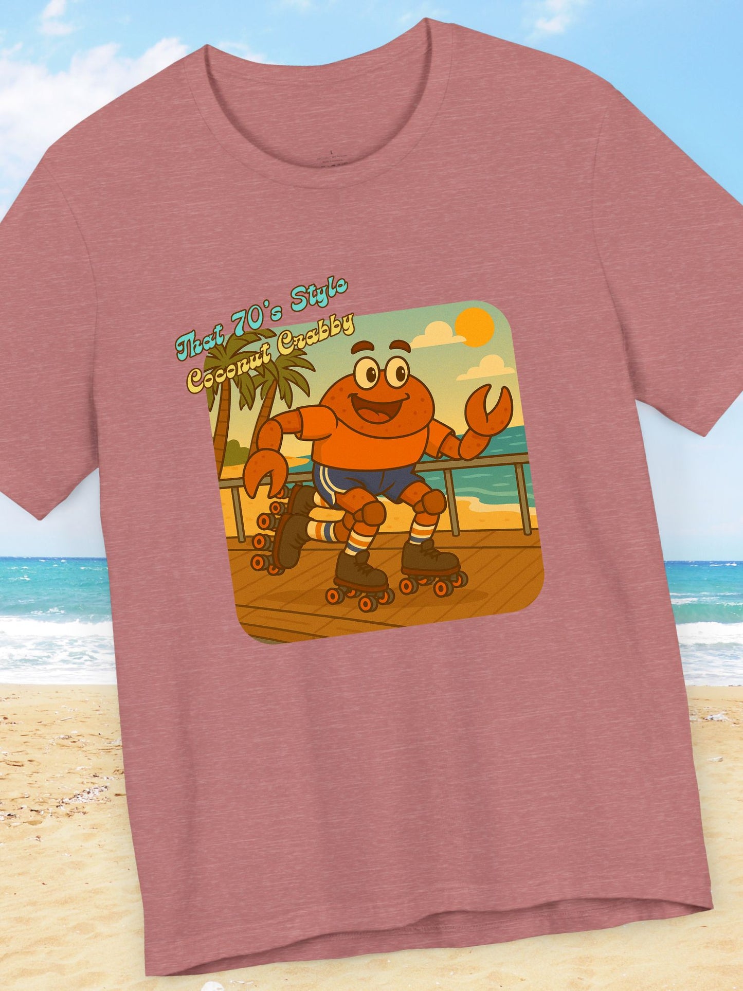 'That 70's Style Coconut Crabby' Retro Graphic Unisex T-Shirt, Cute Roller Skating Crab Beach T-Shirt, Fun Summer Casual Wear, Vintage Design, Gift for Roller Skaters