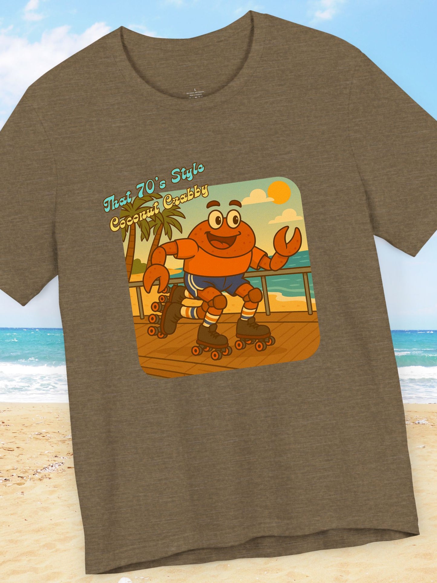 'That 70's Style Coconut Crabby' Retro Graphic Unisex T-Shirt, Cute Roller Skating Crab Beach T-Shirt, Fun Summer Casual Wear, Vintage Design, Gift for Roller Skaters