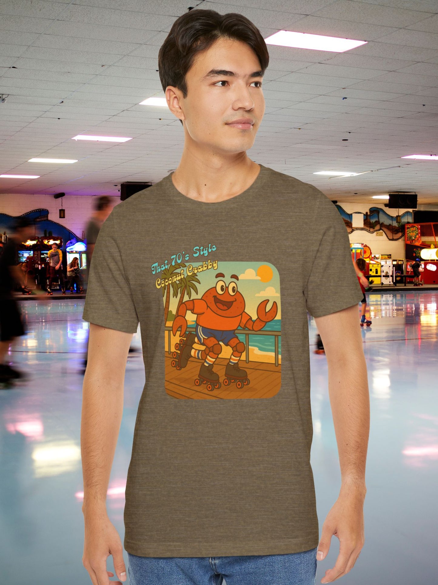 'That 70's Style Coconut Crabby' Retro Graphic Unisex T-Shirt, Cute Roller Skating Crab Beach T-Shirt, Fun Summer Casual Wear, Vintage Design, Gift for Roller Skaters