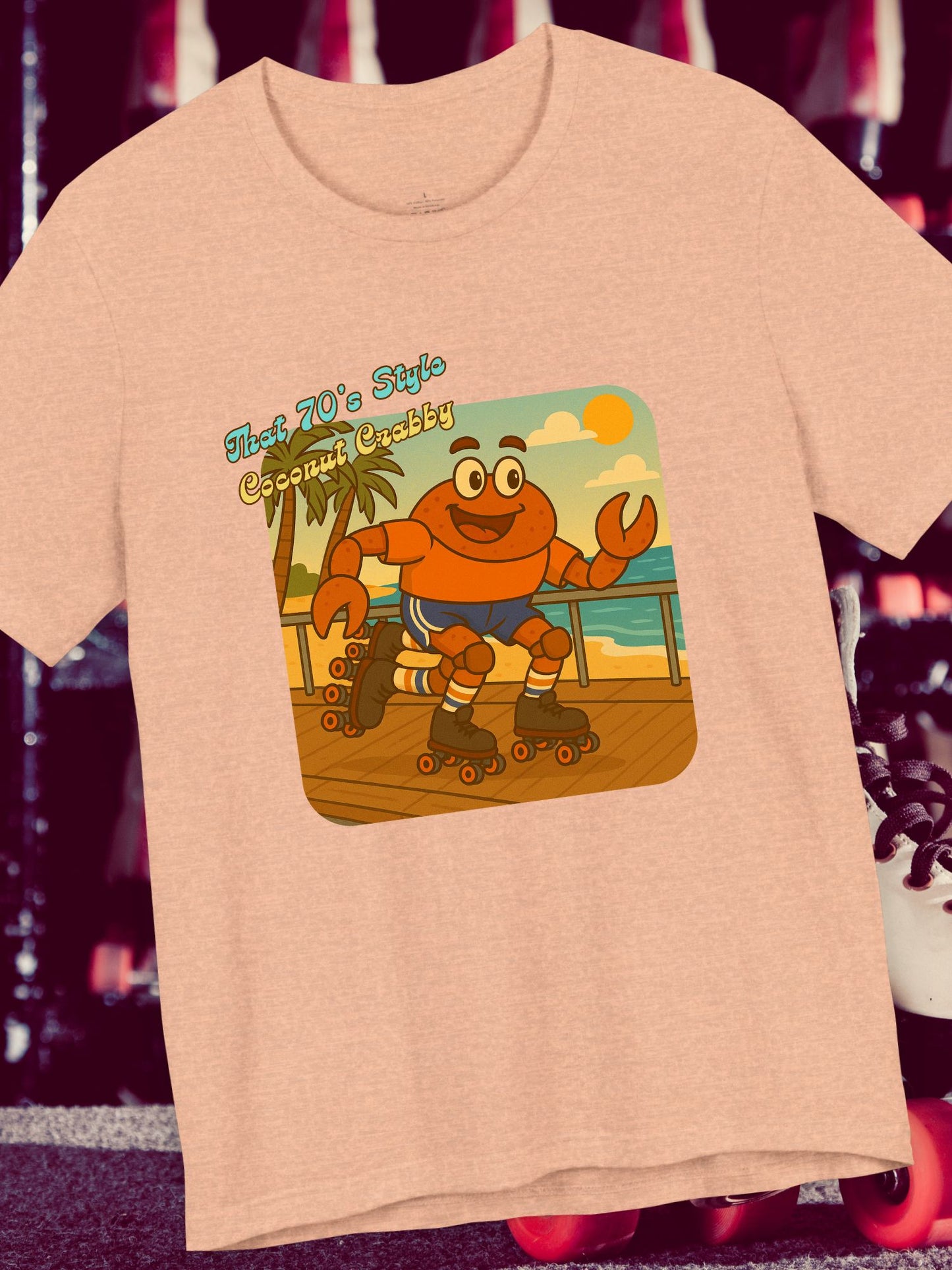 'That 70's Style Coconut Crabby' Retro Graphic Unisex T-Shirt, Cute Roller Skating Crab Beach T-Shirt, Fun Summer Casual Wear, Vintage Design, Gift for Roller Skaters