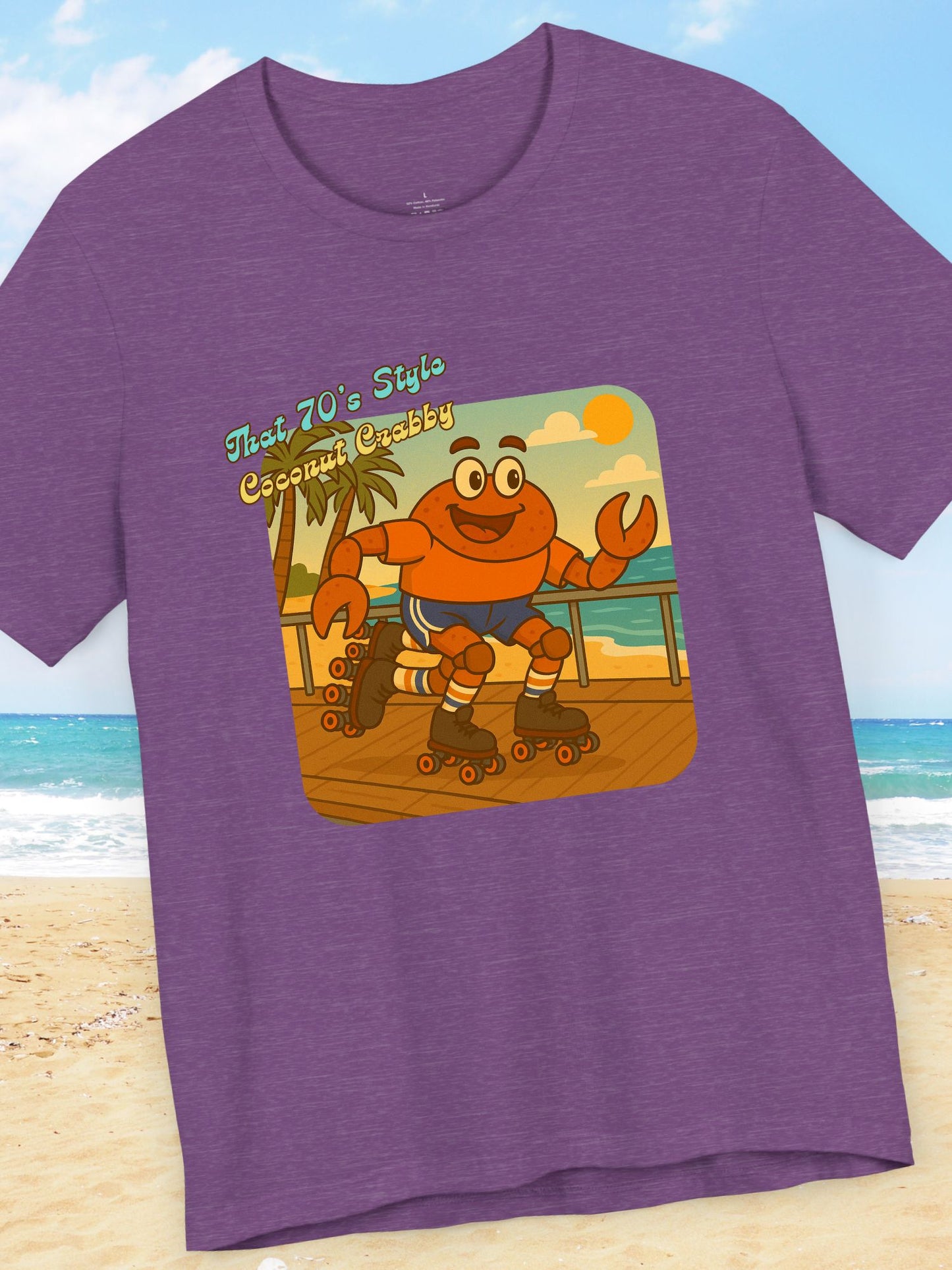 'That 70's Style Coconut Crabby' Retro Graphic Unisex T-Shirt, Cute Roller Skating Crab Beach T-Shirt, Fun Summer Casual Wear, Vintage Design, Gift for Roller Skaters
