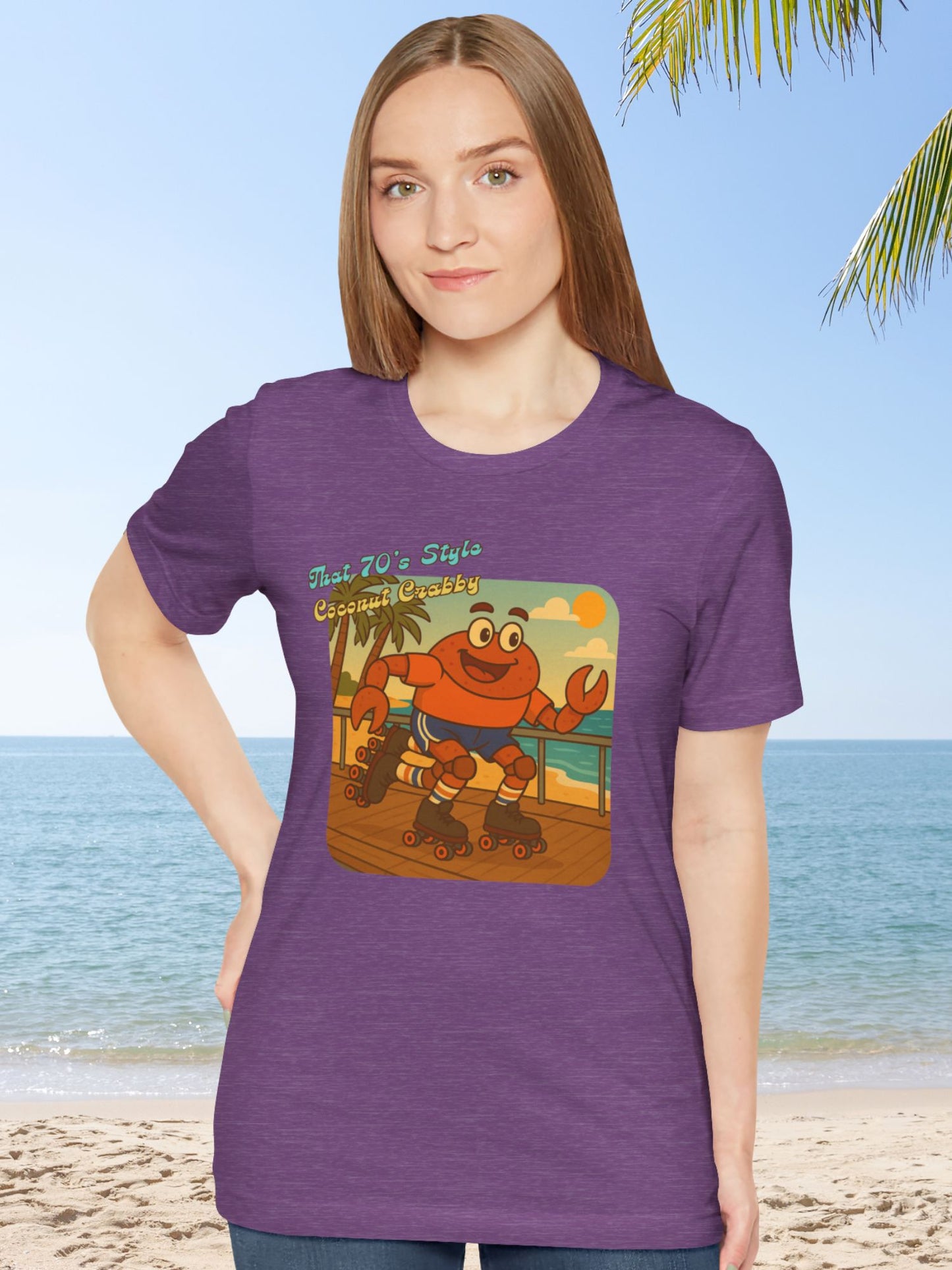 'That 70's Style Coconut Crabby' Retro Graphic Unisex T-Shirt, Cute Roller Skating Crab Beach T-Shirt, Fun Summer Casual Wear, Vintage Design, Gift for Roller Skaters