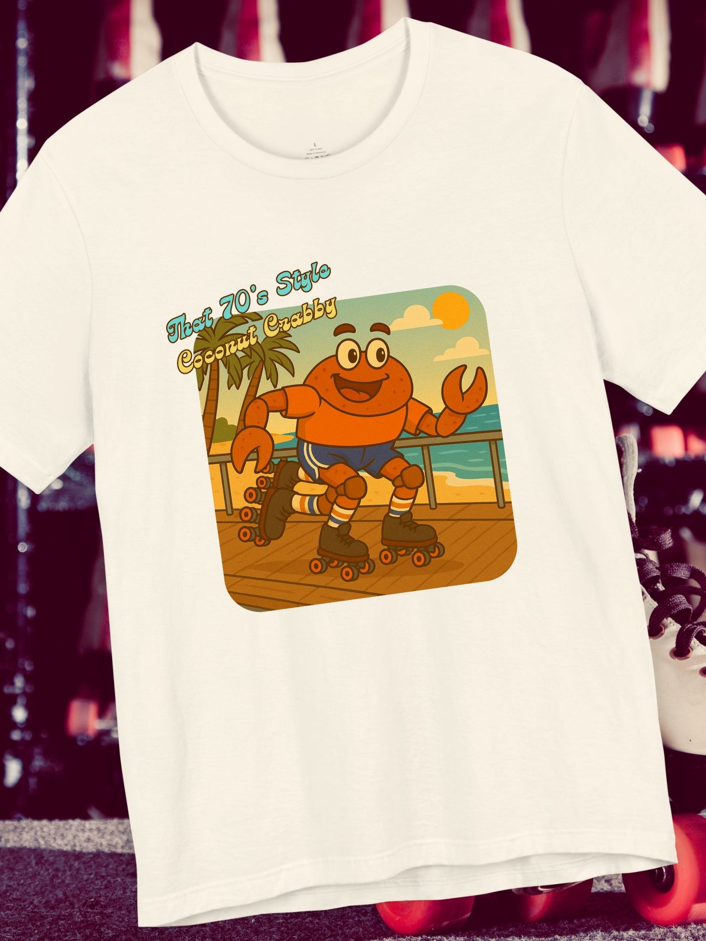 'That 70's Style Coconut Crabby' Retro Graphic Unisex T-Shirt, Cute Roller Skating Crab Beach T-Shirt, Fun Summer Casual Wear, Vintage Design, Gift for Roller Skaters