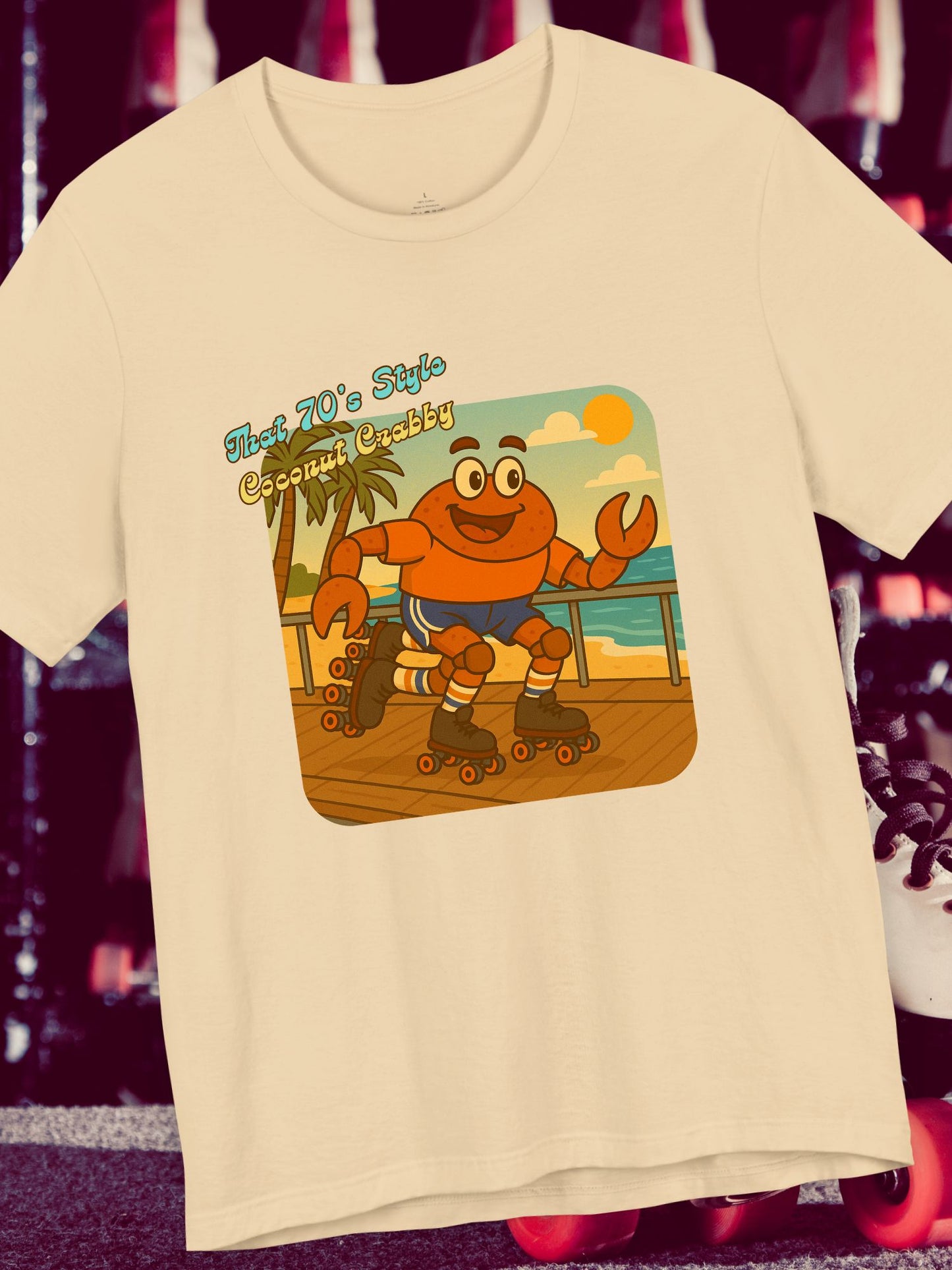 'That 70's Style Coconut Crabby' Retro Graphic Unisex T-Shirt, Cute Roller Skating Crab Beach T-Shirt, Fun Summer Casual Wear, Vintage Design, Gift for Roller Skaters
