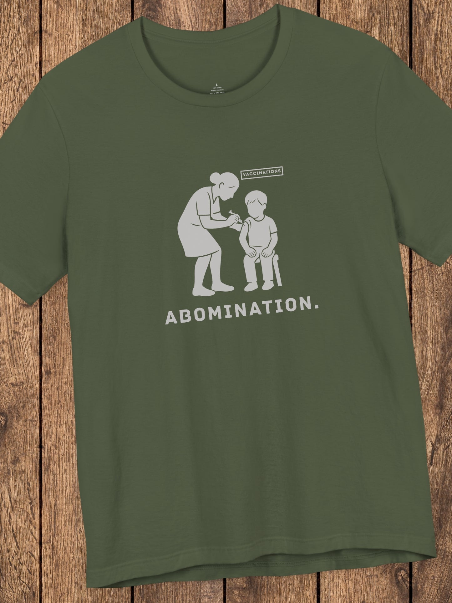 'Abomination.' Unisex T-Shirt, Anti-Vaccination Tee, Anti-Child Abuse Shirt, Crime Awareness Tee, Shirt for Righteous Christians