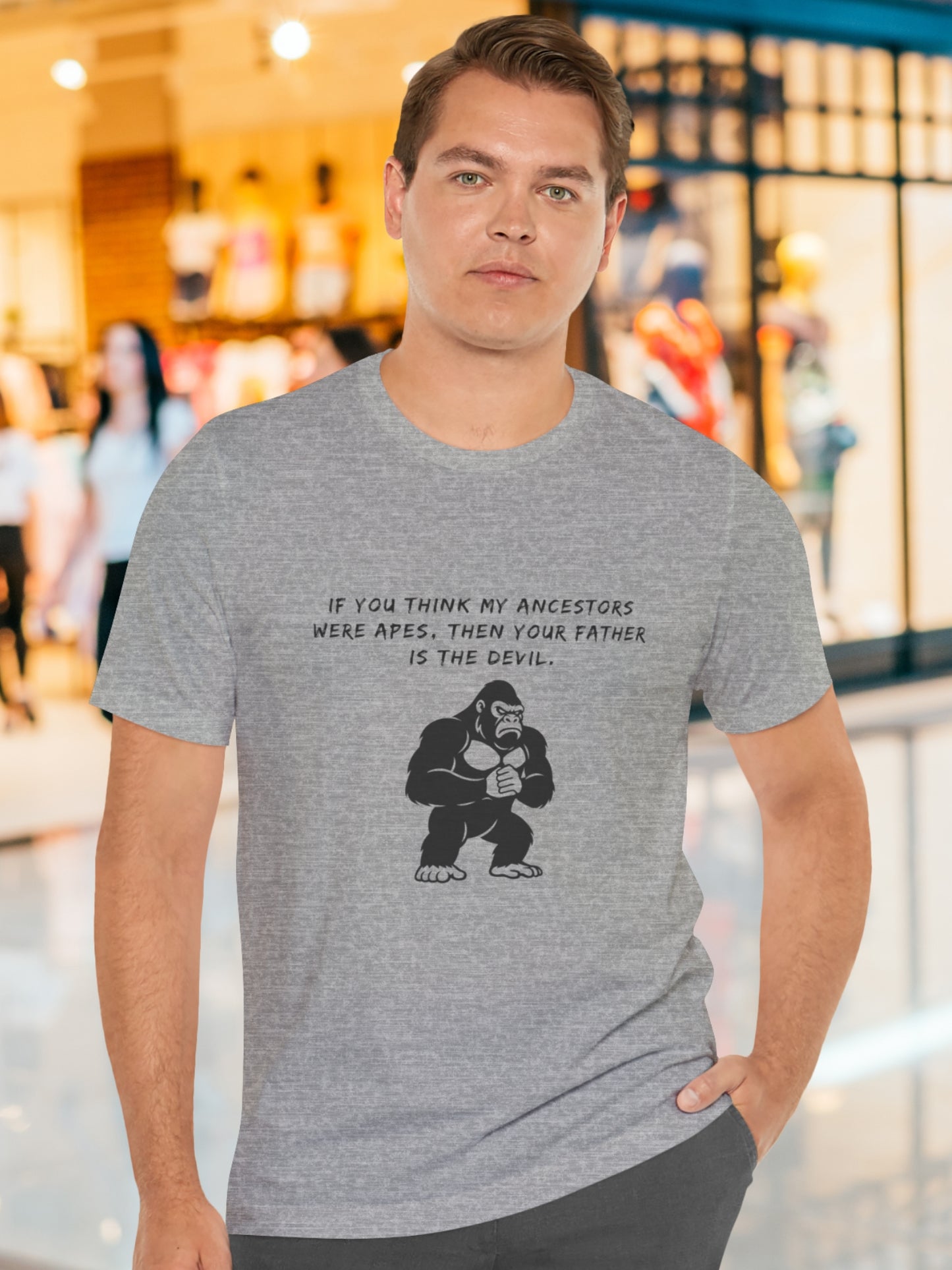'If you think my ancestors were apes, then your father is the devil.' Angry Gorilla Graphic Unisex T-Shirt, Christian Apparel
