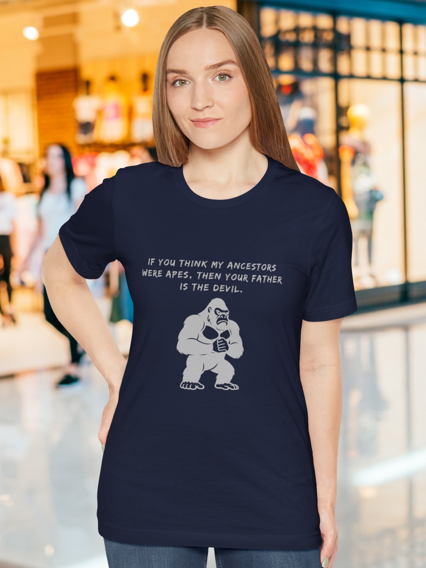 'If you think my ancestors were apes, then your father is the devil.' Angry Gorilla Graphic Unisex T-Shirt, Christian Apparel