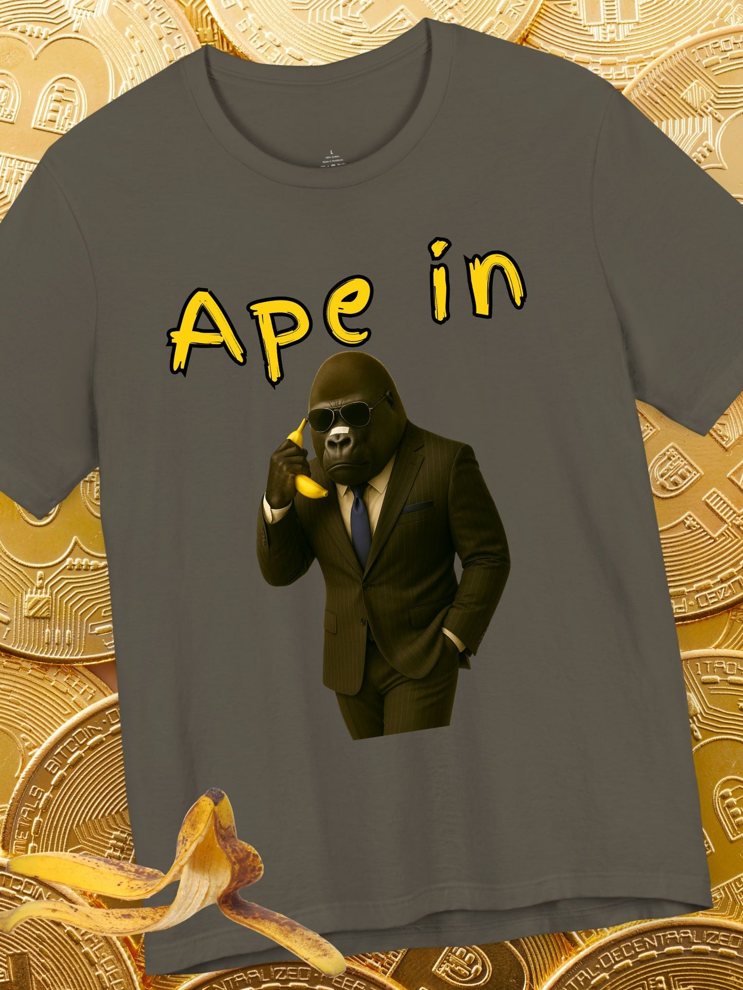 "Ape In" Business Gorilla on a Banana Phone - Unisex Short Sleeve Tee, Business T-Shirt, Crypto, Stock Trading Apparel