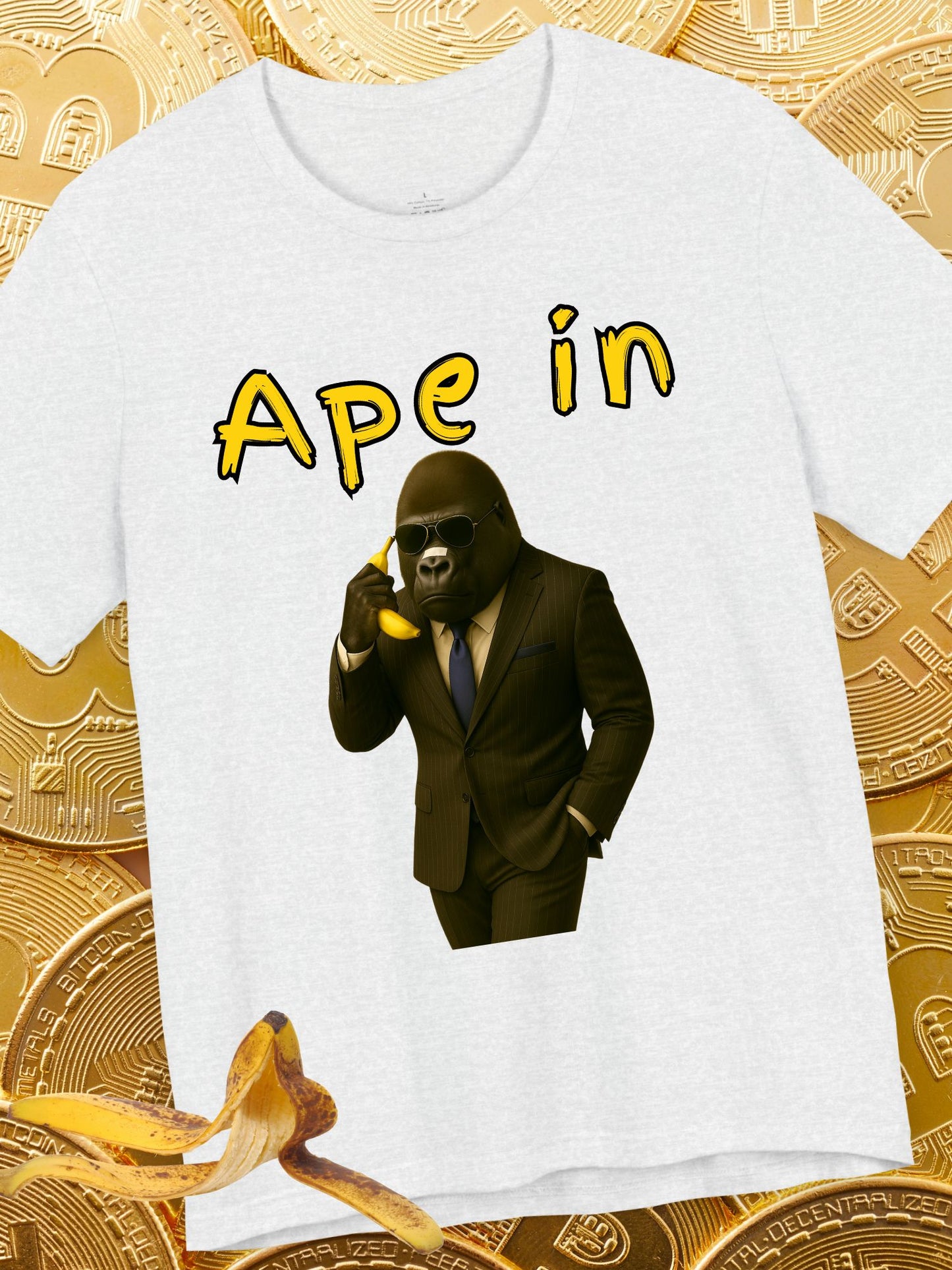 "Ape In" Business Gorilla on a Banana Phone - Unisex Short Sleeve Tee, Business T-Shirt, Crypto, Stock Trading Apparel
