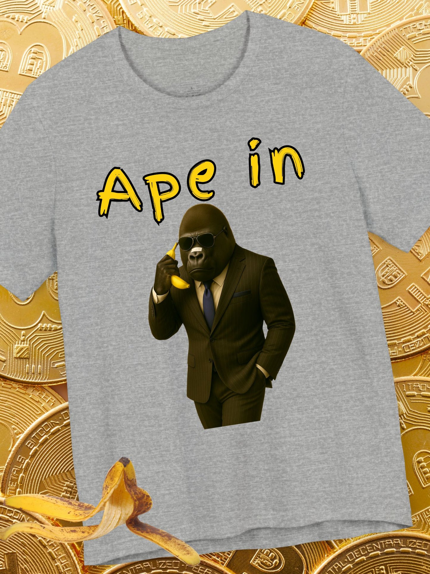 "Ape In" Business Gorilla on a Banana Phone - Unisex Short Sleeve Tee, Business T-Shirt, Crypto, Stock Trading Apparel