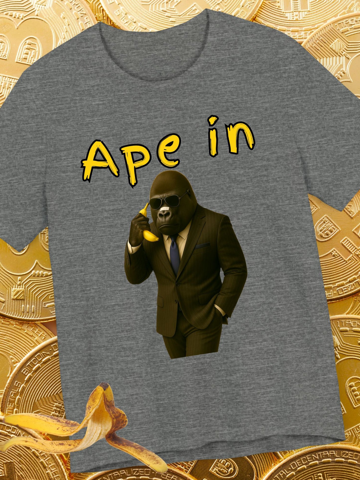 "Ape In" Business Gorilla on a Banana Phone - Unisex Short Sleeve Tee, Business T-Shirt, Crypto, Stock Trading Apparel