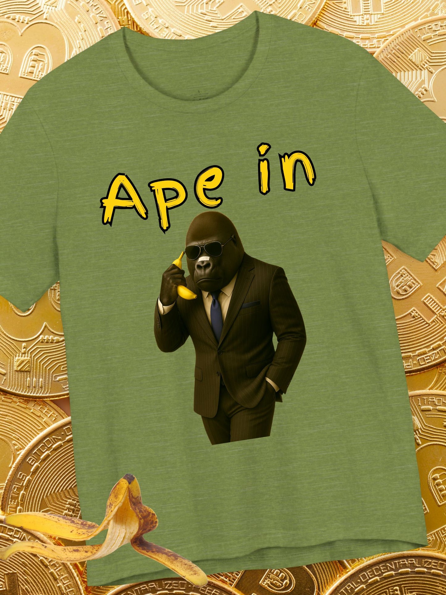 "Ape In" Business Gorilla on a Banana Phone - Unisex Short Sleeve Tee, Business T-Shirt, Crypto, Stock Trading Apparel