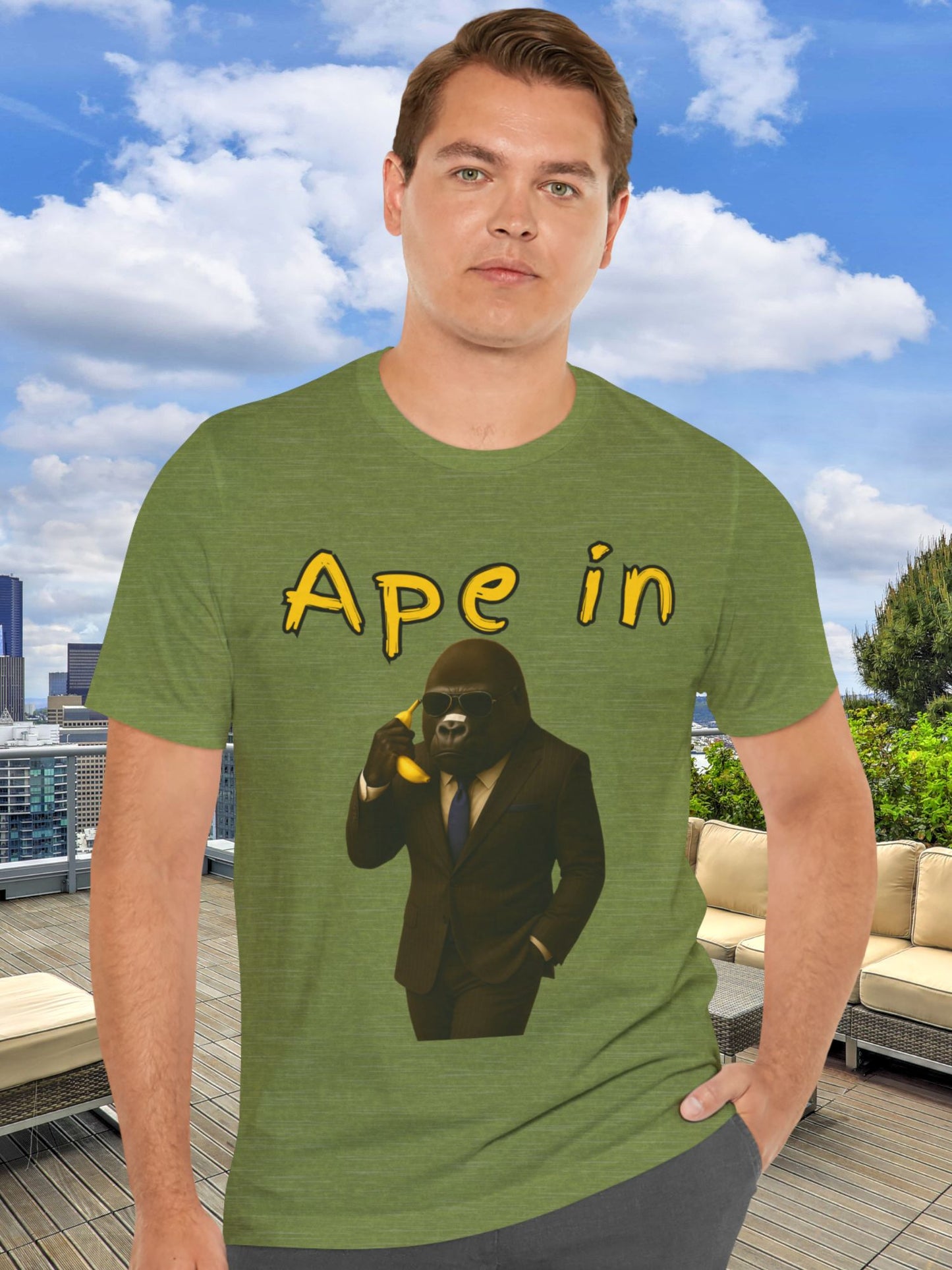 "Ape In" Business Gorilla on a Banana Phone - Unisex Short Sleeve Tee, Business T-Shirt, Crypto, Stock Trading Apparel