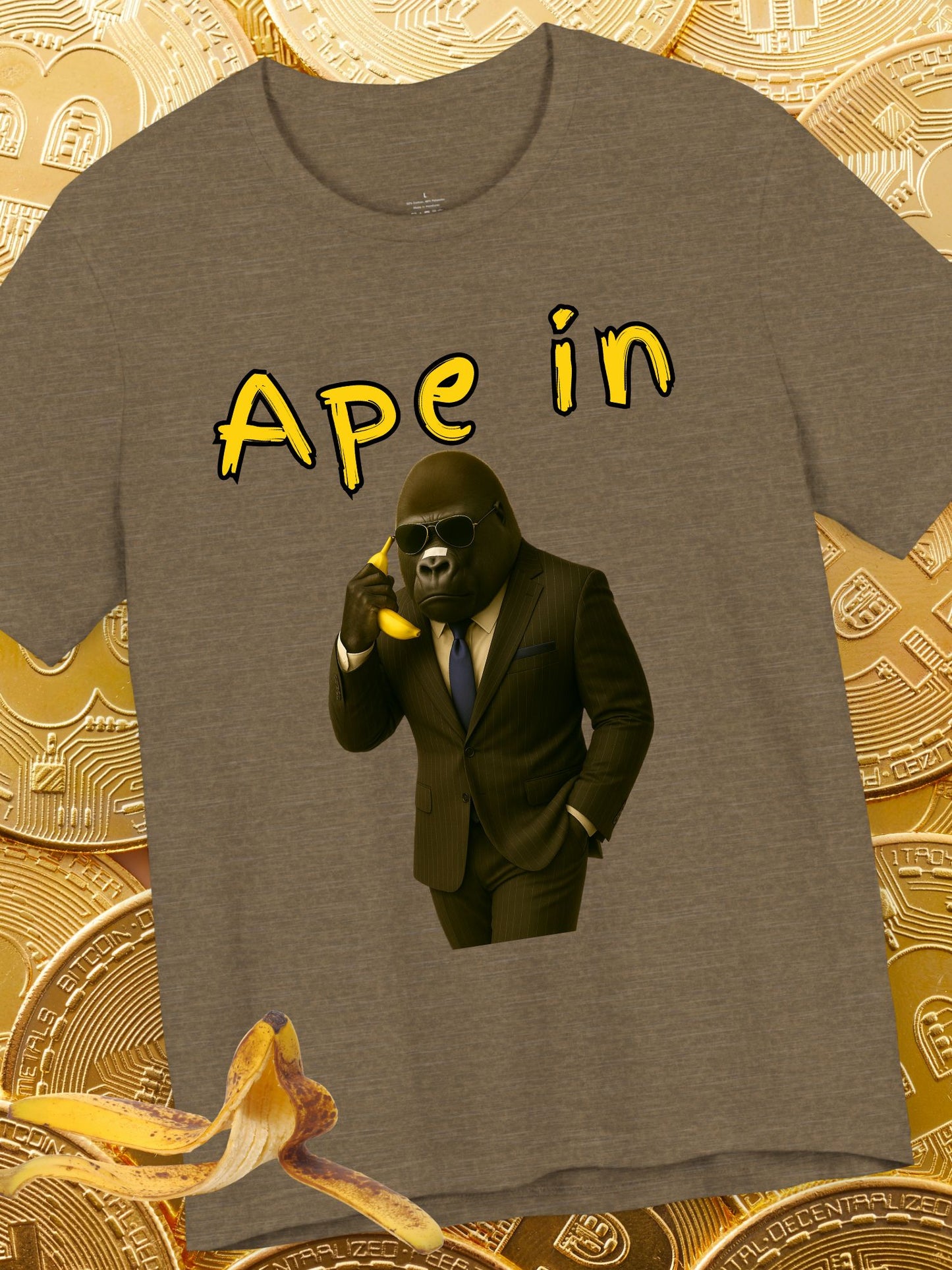 "Ape In" Business Gorilla on a Banana Phone - Unisex Short Sleeve Tee, Business T-Shirt, Crypto, Stock Trading Apparel