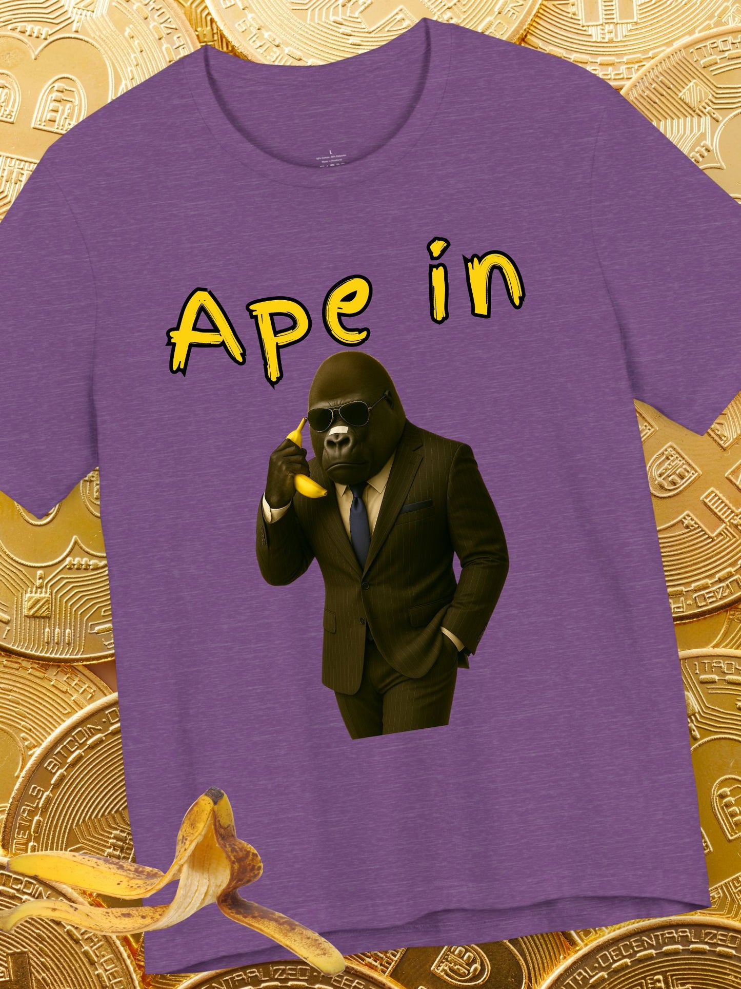 "Ape In" Business Gorilla on a Banana Phone - Unisex Short Sleeve Tee, Business T-Shirt, Crypto, Stock Trading Apparel