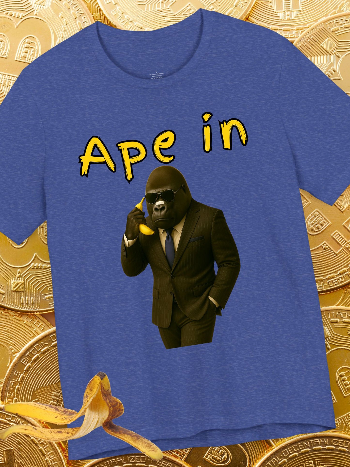 "Ape In" Business Gorilla on a Banana Phone - Unisex Short Sleeve Tee, Business T-Shirt, Crypto, Stock Trading Apparel