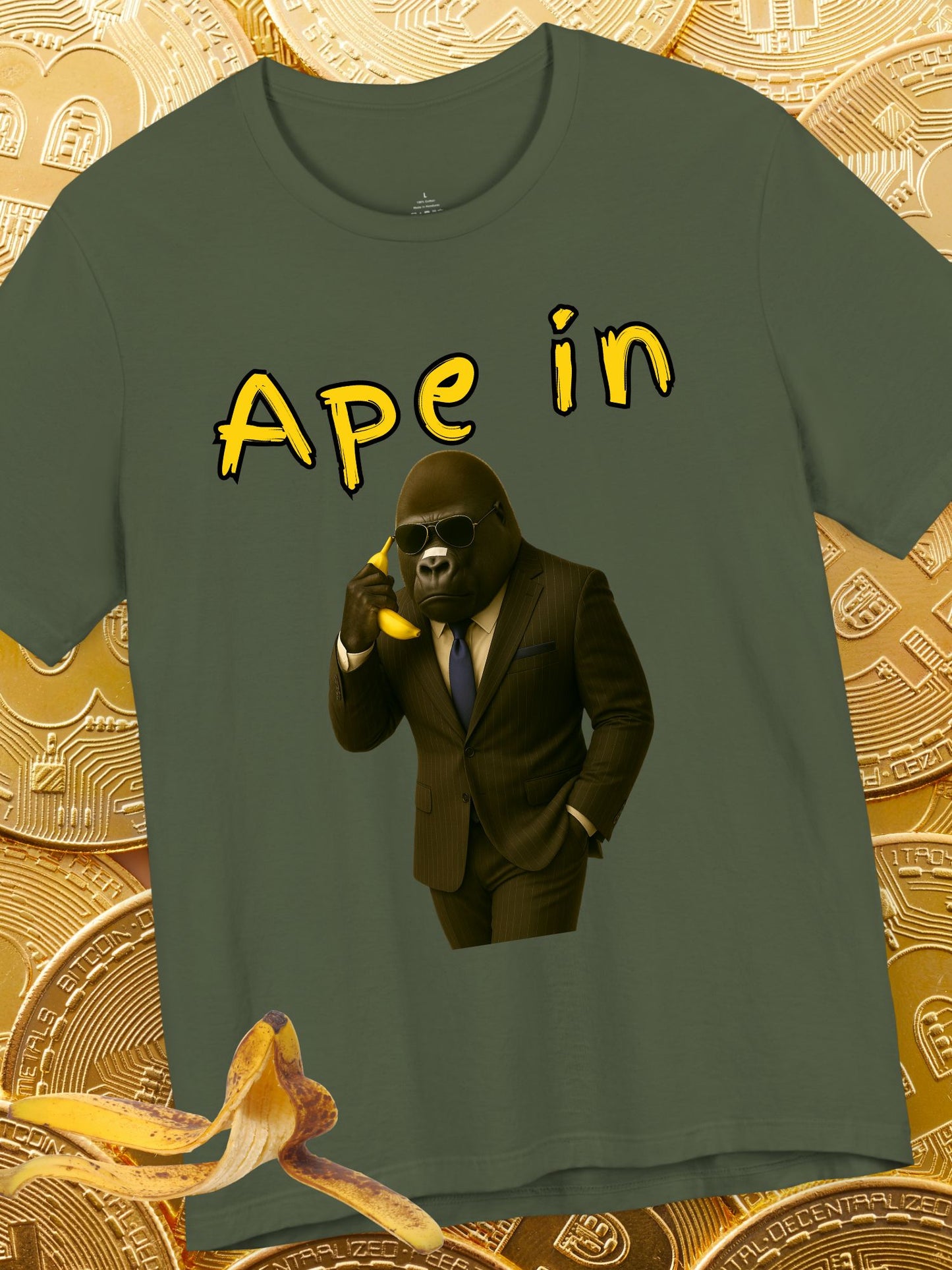 "Ape In" Business Gorilla on a Banana Phone - Unisex Short Sleeve Tee, Business T-Shirt, Crypto, Stock Trading Apparel