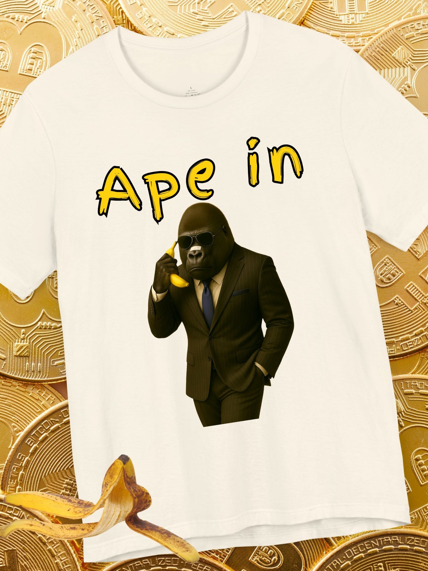 "Ape In" Business Gorilla on a Banana Phone - Unisex Short Sleeve Tee, Business T-Shirt, Crypto, Stock Trading Apparel