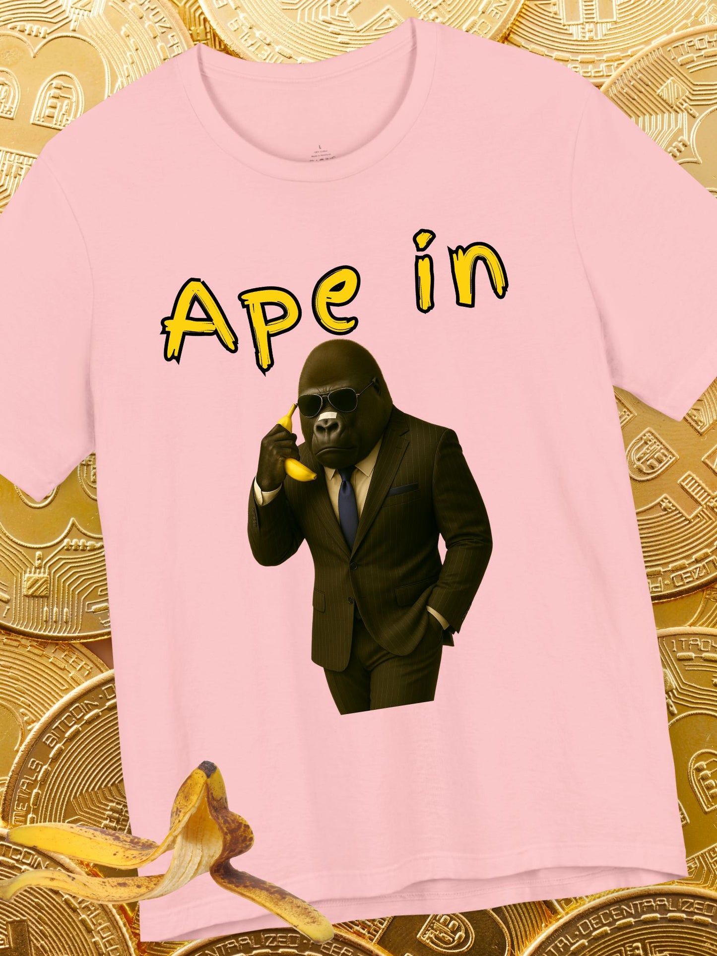 "Ape In" Business Gorilla on a Banana Phone - Unisex Short Sleeve Tee, Business T-Shirt, Crypto, Stock Trading Apparel