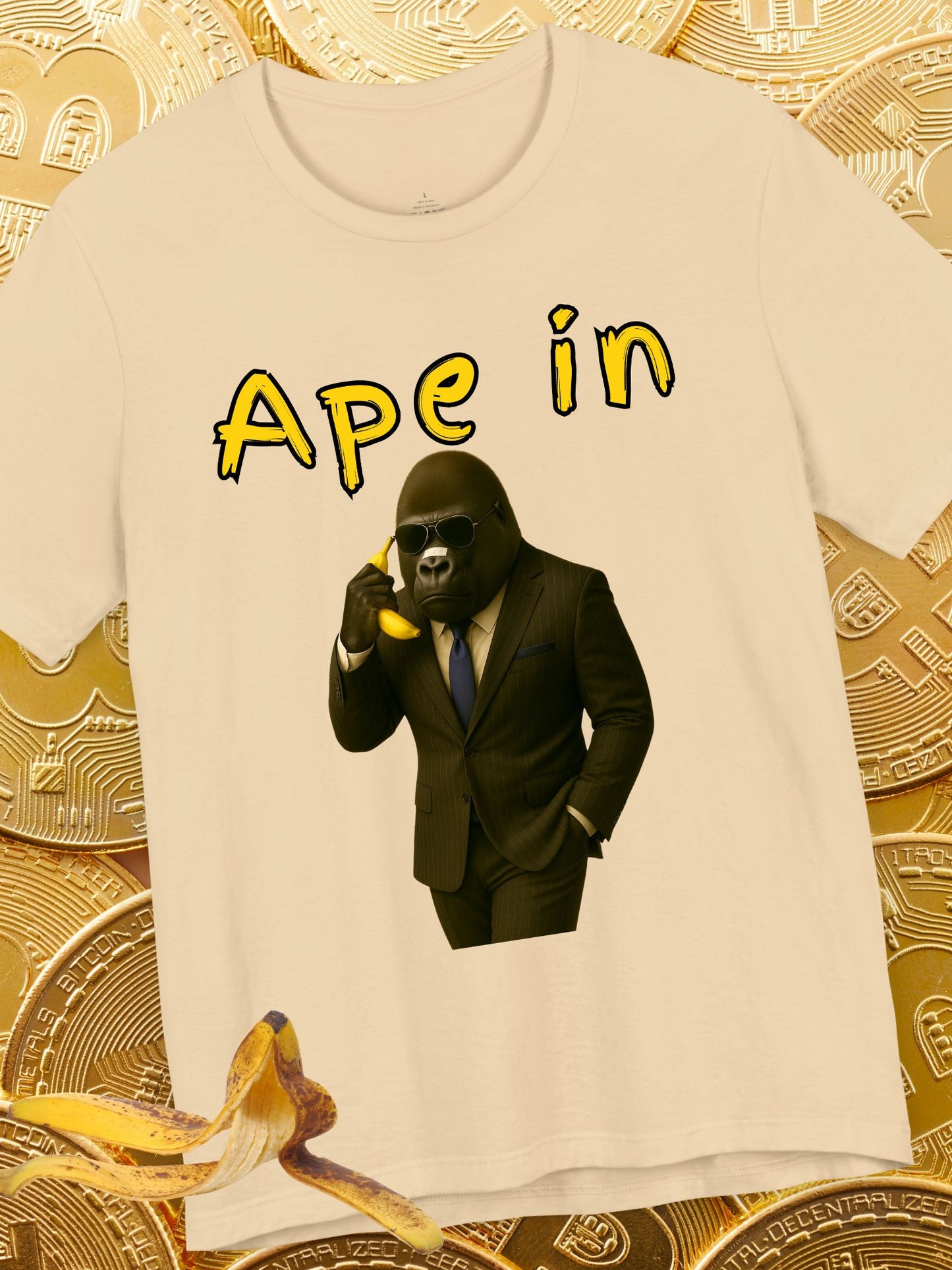 "Ape In" Business Gorilla on a Banana Phone - Unisex Short Sleeve Tee, Business T-Shirt, Crypto, Stock Trading Apparel