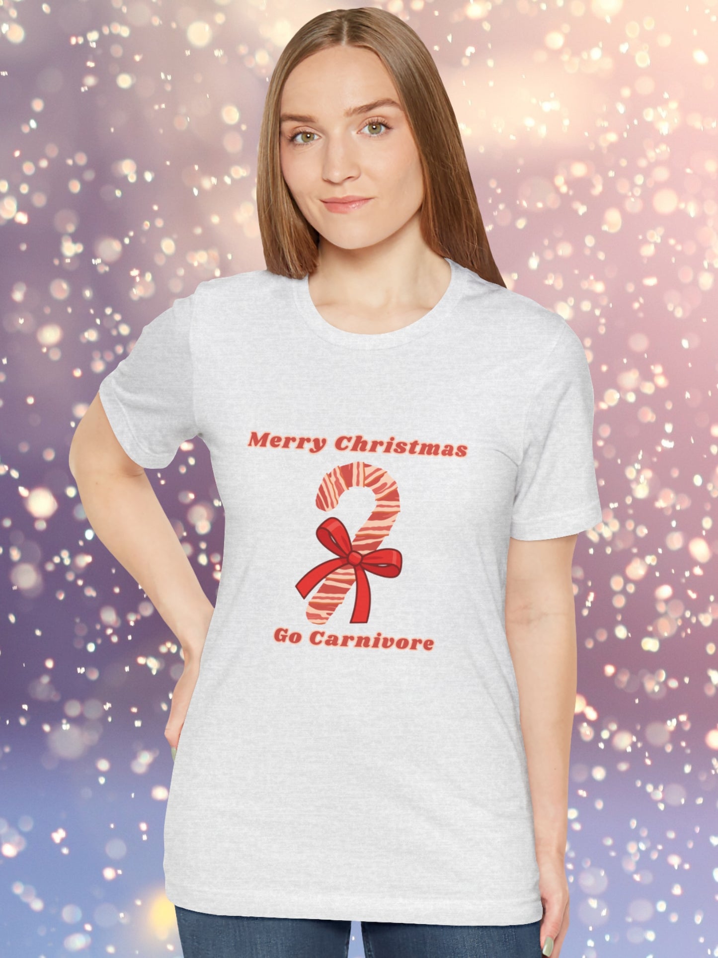 'Merry Christmas, Go Carnivore' Bacon Wrapped Candy Cane Graphic Unisex T-Shirt, Carnivore Diet Apparel, Health and Wellness, Holiday Greetings