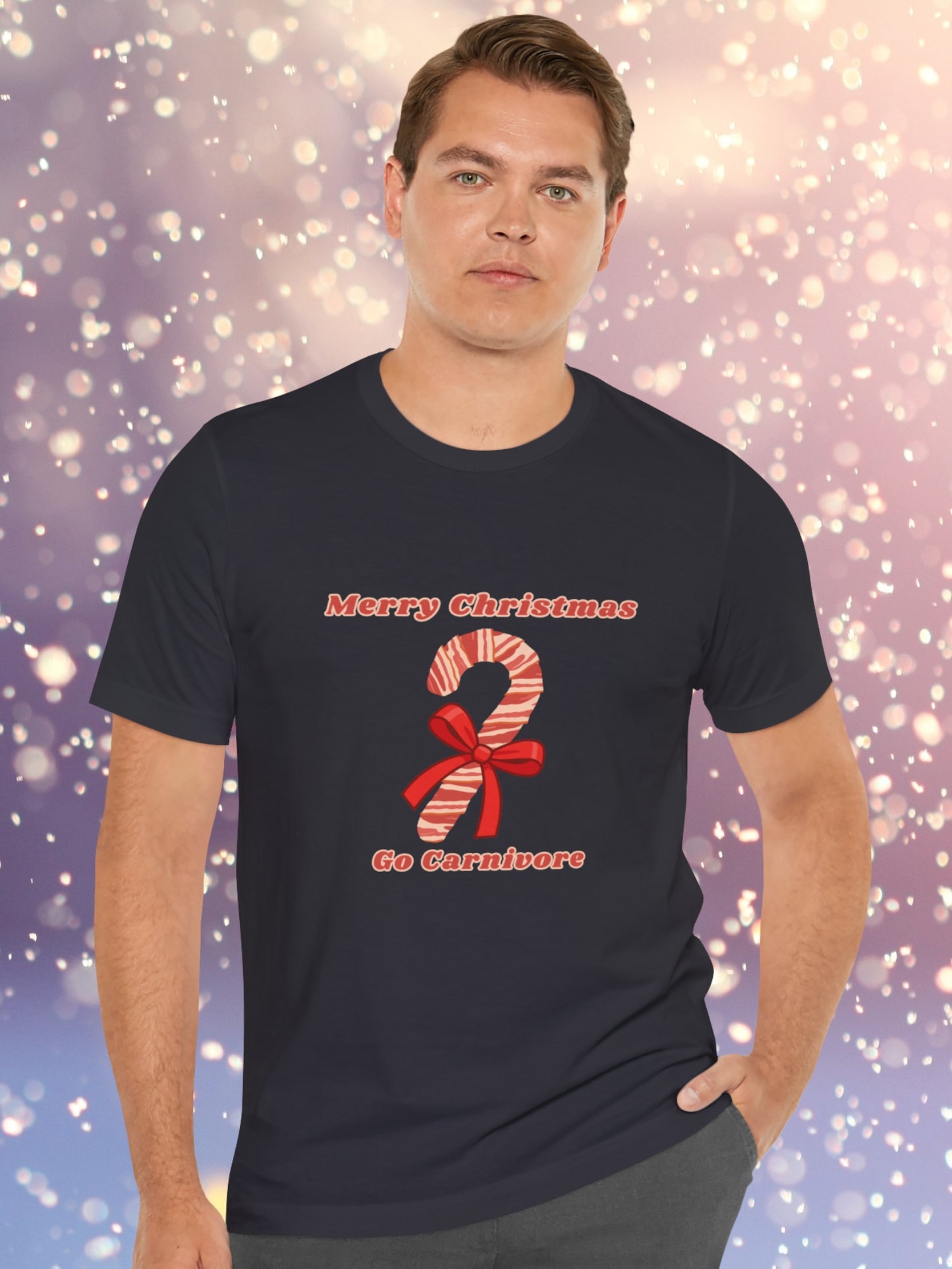 'Merry Christmas, Go Carnivore' Bacon Wrapped Candy Cane Graphic Unisex T-Shirt, Carnivore Diet Apparel, Health and Wellness, Holiday Greetings