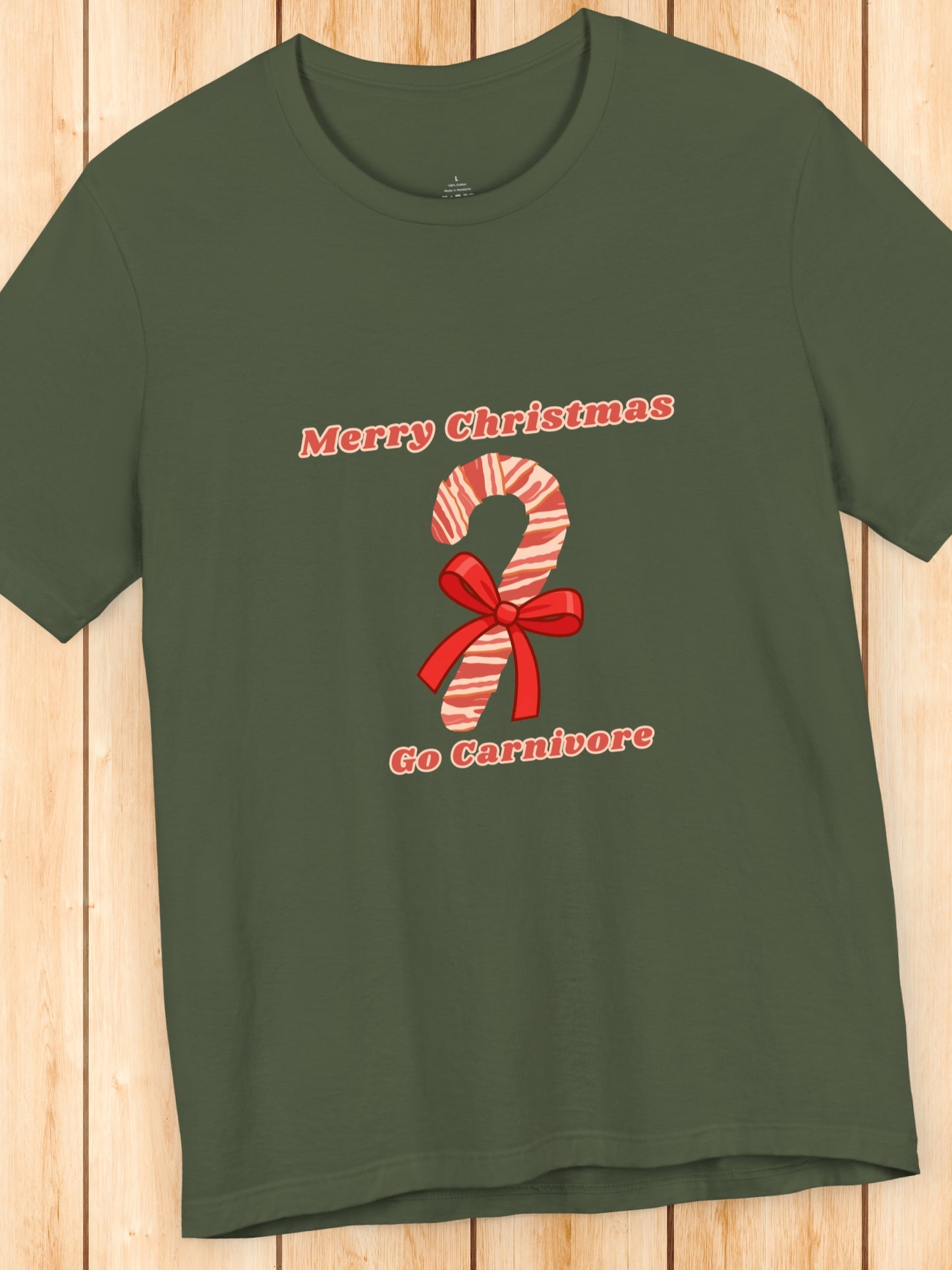 'Merry Christmas, Go Carnivore' Bacon Wrapped Candy Cane Graphic Unisex T-Shirt, Carnivore Diet Apparel, Health and Wellness, Holiday Greetings