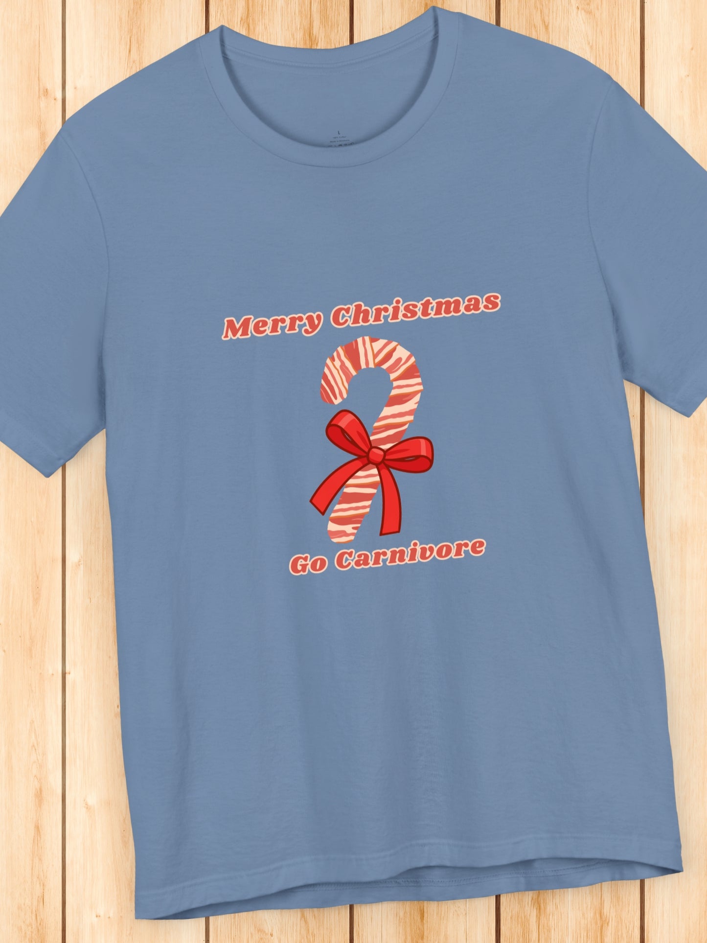 'Merry Christmas, Go Carnivore' Bacon Wrapped Candy Cane Graphic Unisex T-Shirt, Carnivore Diet Apparel, Health and Wellness, Holiday Greetings
