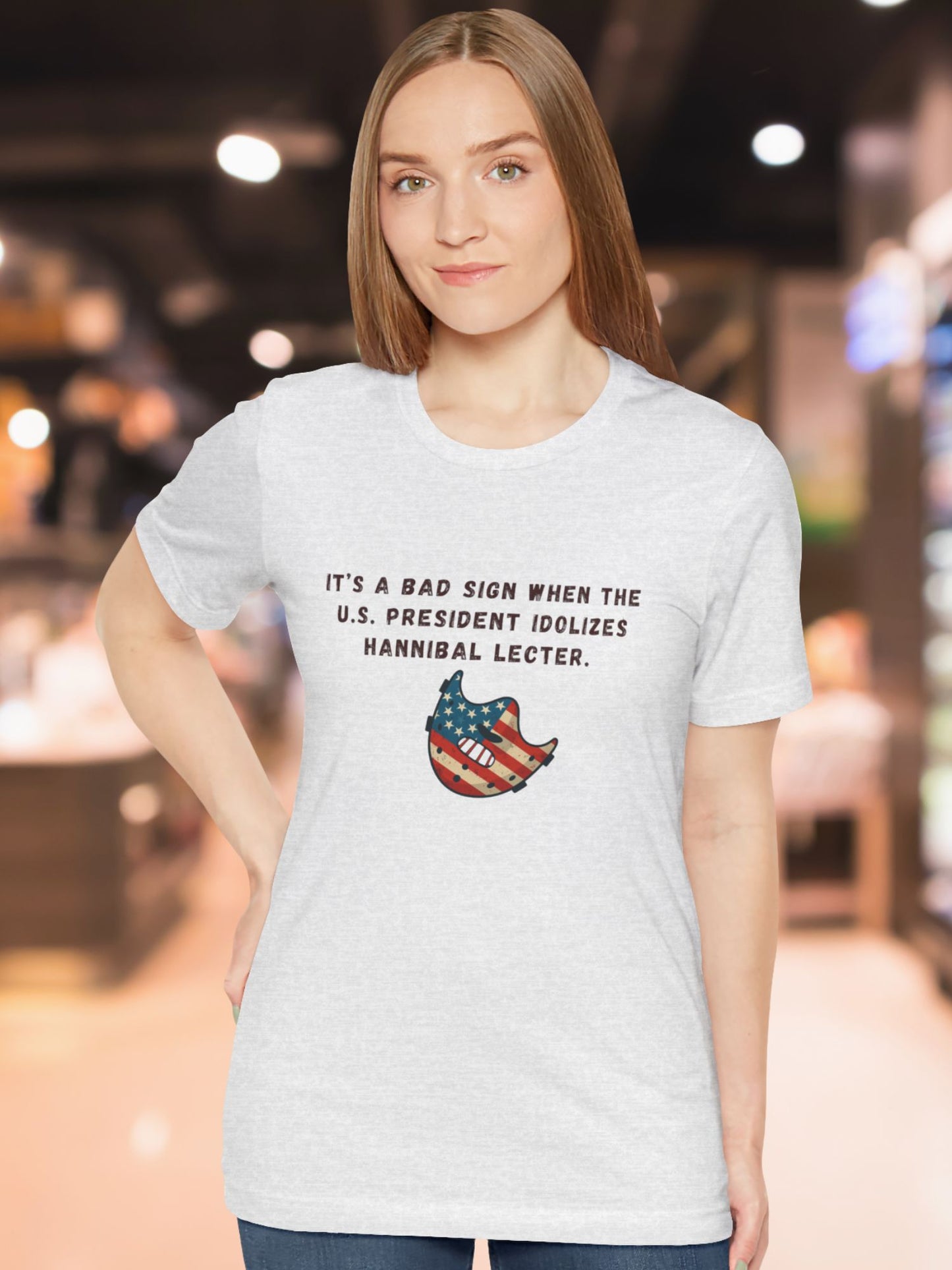 'It’s a Bad Sign When the U.S. President Idolizes Hannibal Lecter.' US Flag Lecter Mask Graphic Unisex T-Shirt, Political Tee