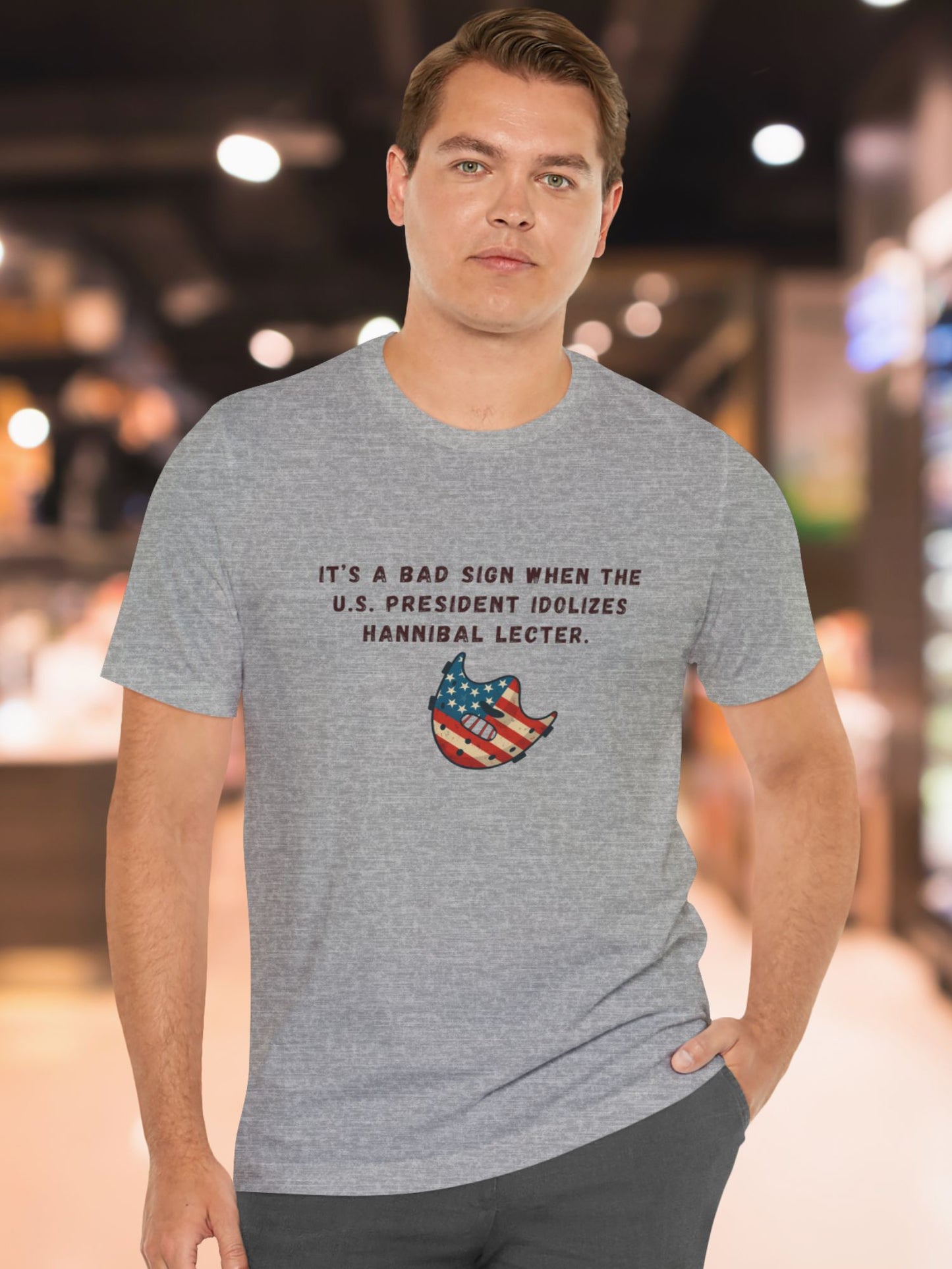 'It’s a Bad Sign When the U.S. President Idolizes Hannibal Lecter.' US Flag Lecter Mask Graphic Unisex T-Shirt, Political Tee