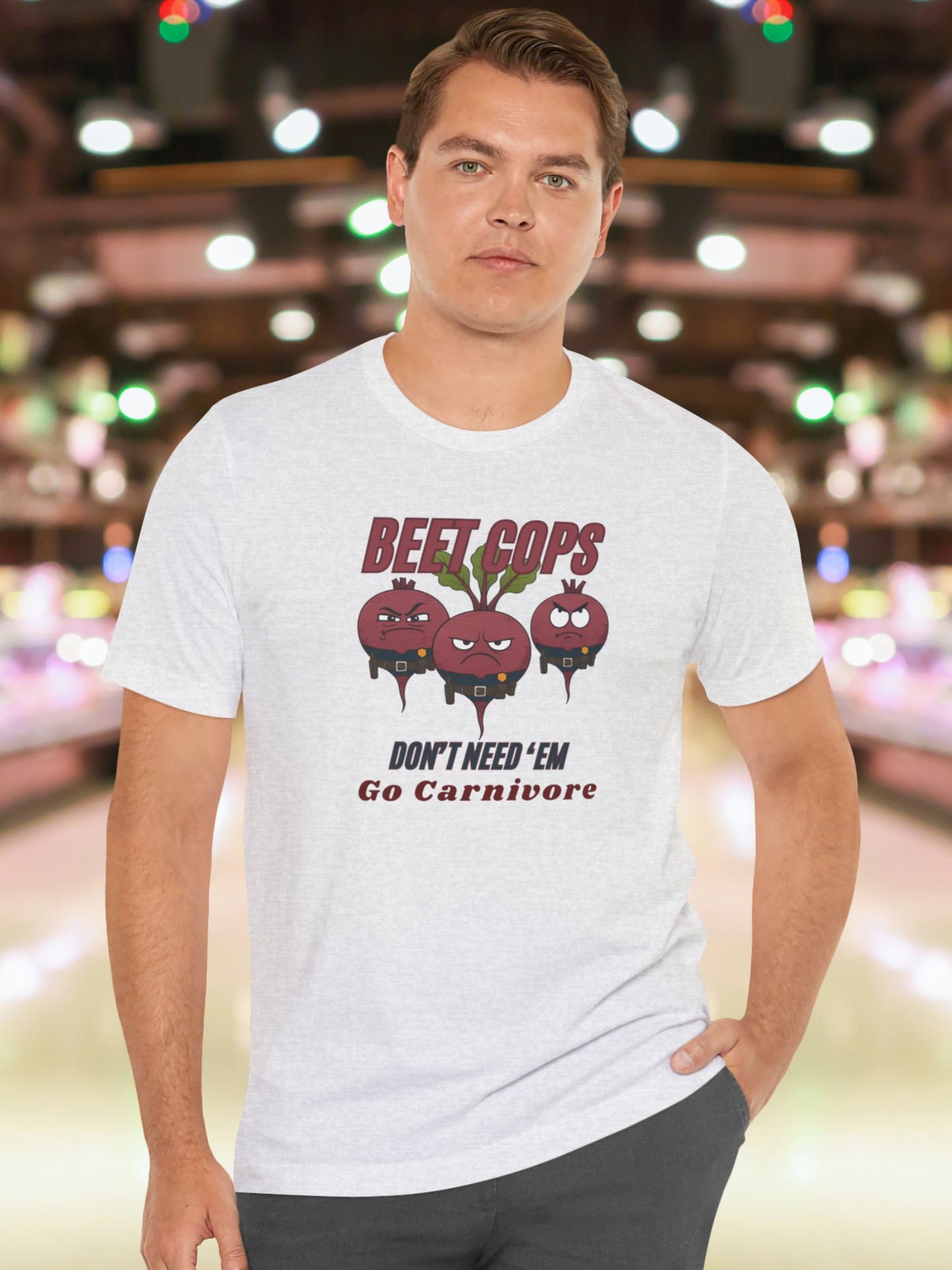 'Beet Cops, Don't Need 'Em, Go Carnivore' Beet Cops Graphic Unisex T-Shirt, Carnivore Diet Apparel, Health and Wellness Tee