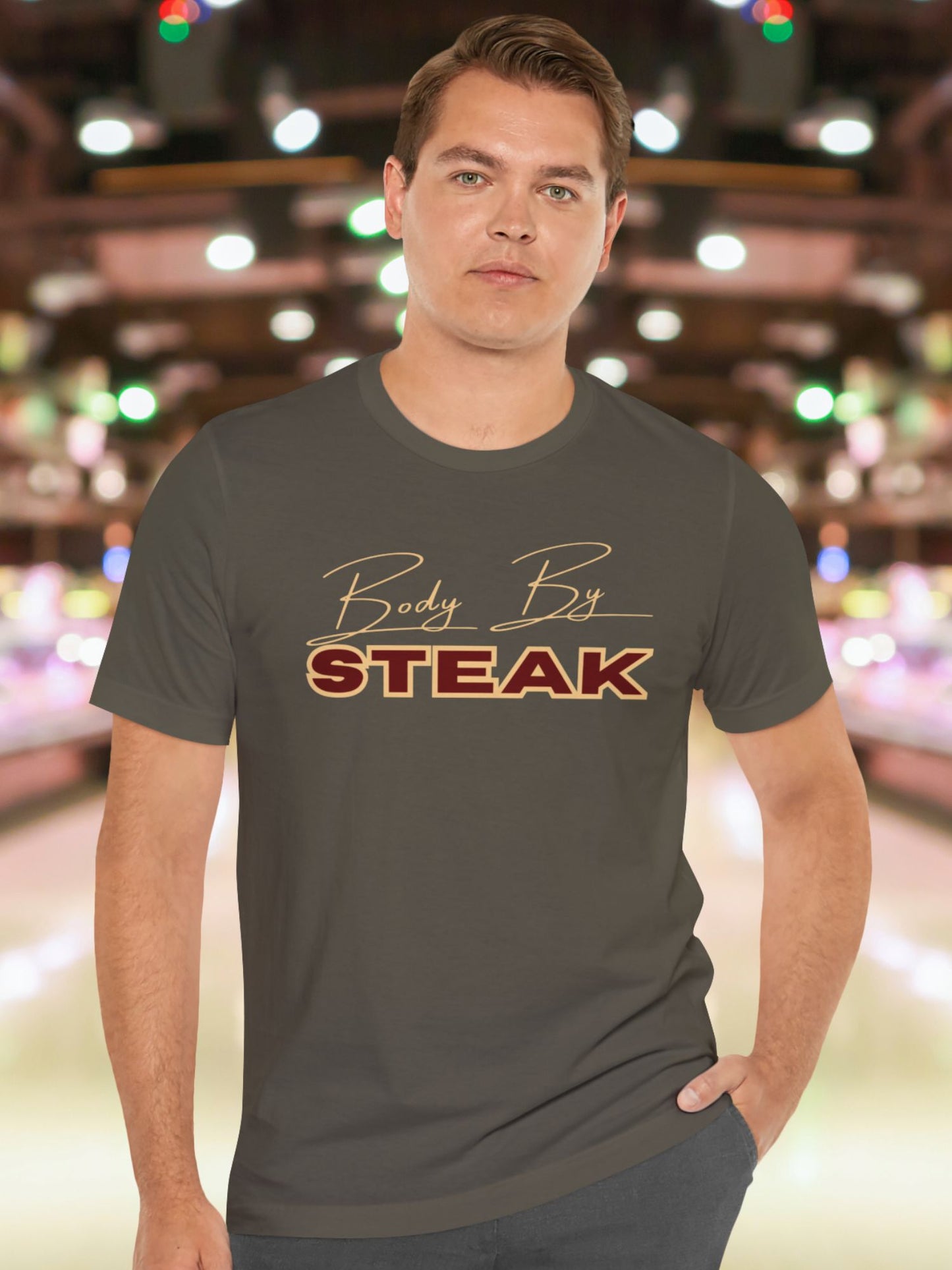'Body By Steak' Unisex Jersey T-Shirt, Lion Diet Tee, Carnivore Diet Apparel, Health and Wellness, Foodie Tee, Meat Lovers Tee, BBQ Tee, Foodie Apparel, Retro Tee