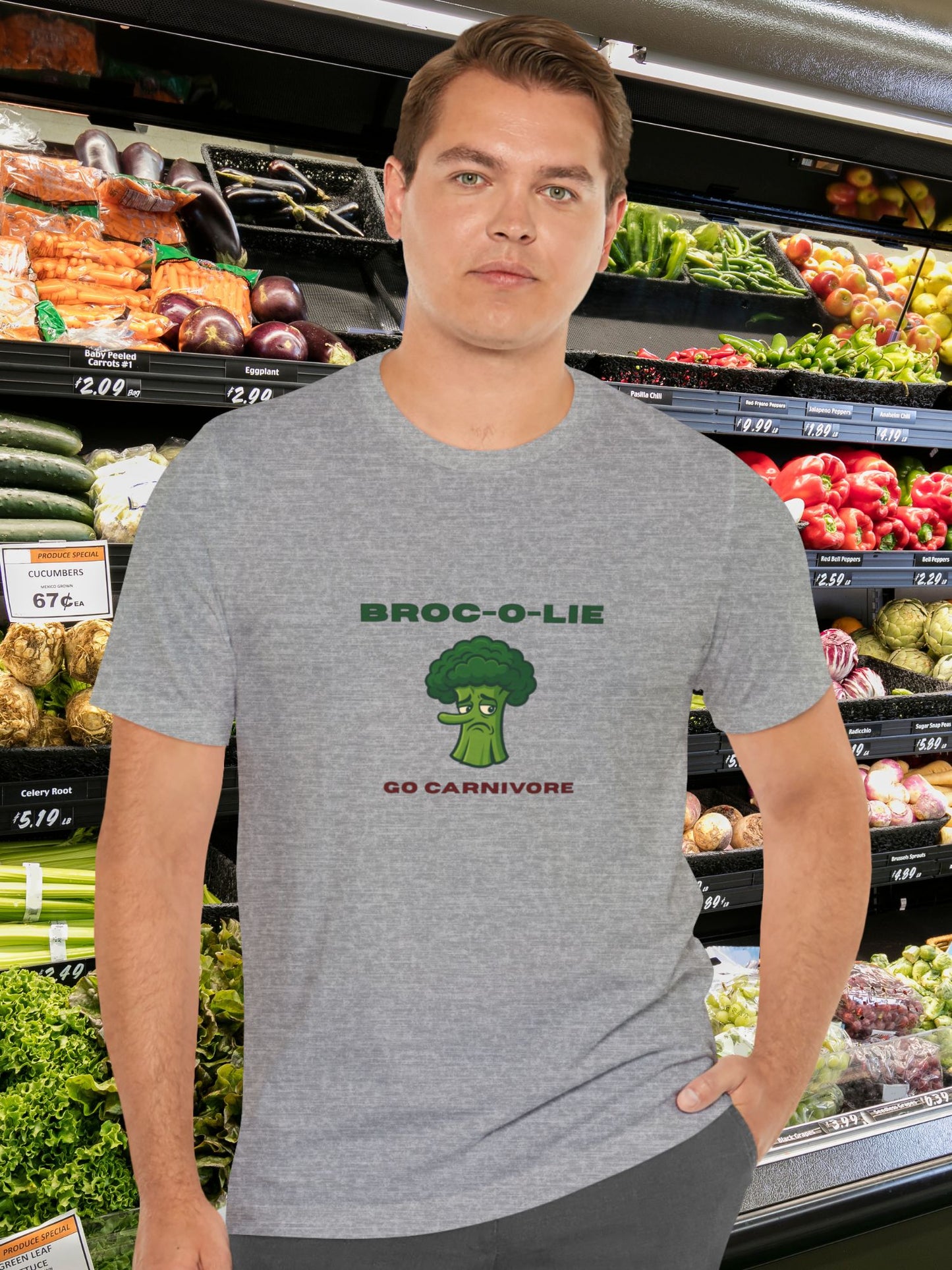 'Broc-o-Lie' Broccoli Graphic Unisex T-Shirt, Carnivore Diet Apparel, Anti-Vegan Tee