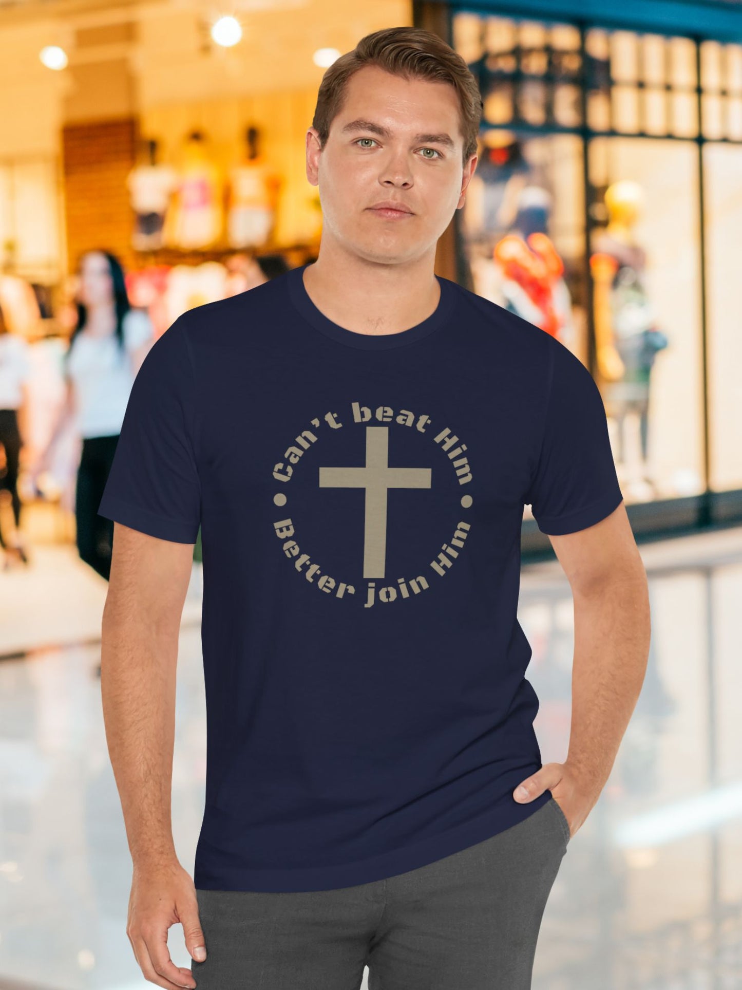 'Can't beat Him, Better Join Him' Cross Graphic Unisex T-Shirt, Christian Apparel, Jesus Tee