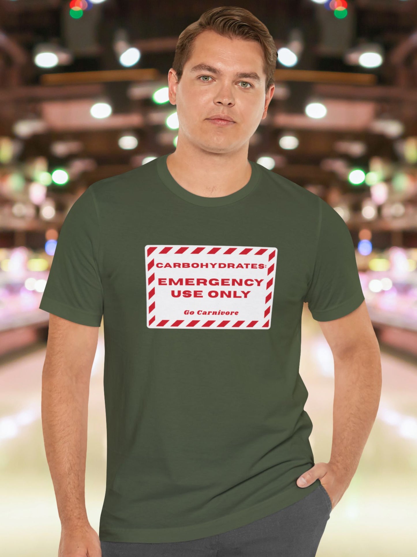 'Carbohydrates: Emergency Use Only, Go Carnivore' Unisex T-Shirt, Carnivore Diet Apparel, Health and Wellness