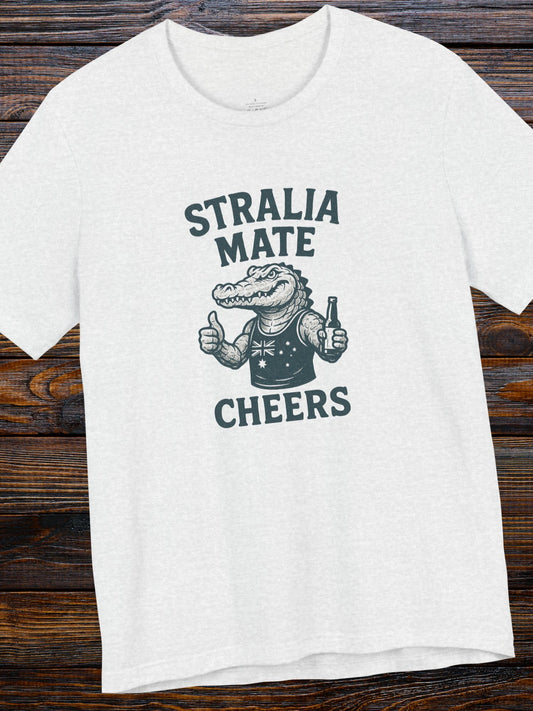 'Stralia Mate, Cheers' Aussie Gator Graphic T-Shirt, Australian Celebration Tee, Australia Day, Barbeque Cookout Camping Apparel, Drinking Tee