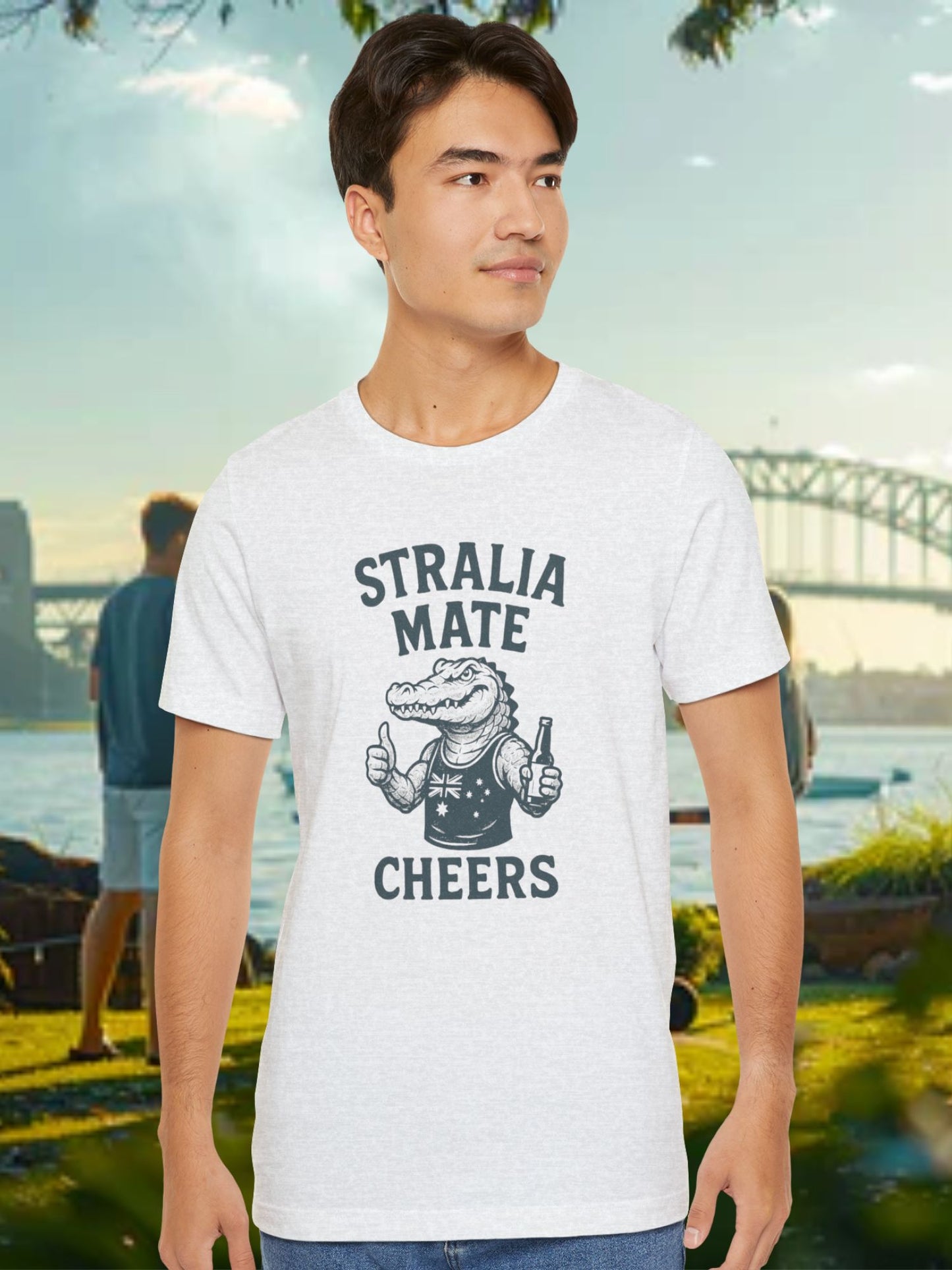 'Stralia Mate, Cheers' Aussie Gator Graphic T-Shirt, Australian Celebration Tee, Australia Day, Barbeque Cookout Camping Apparel, Drinking Tee