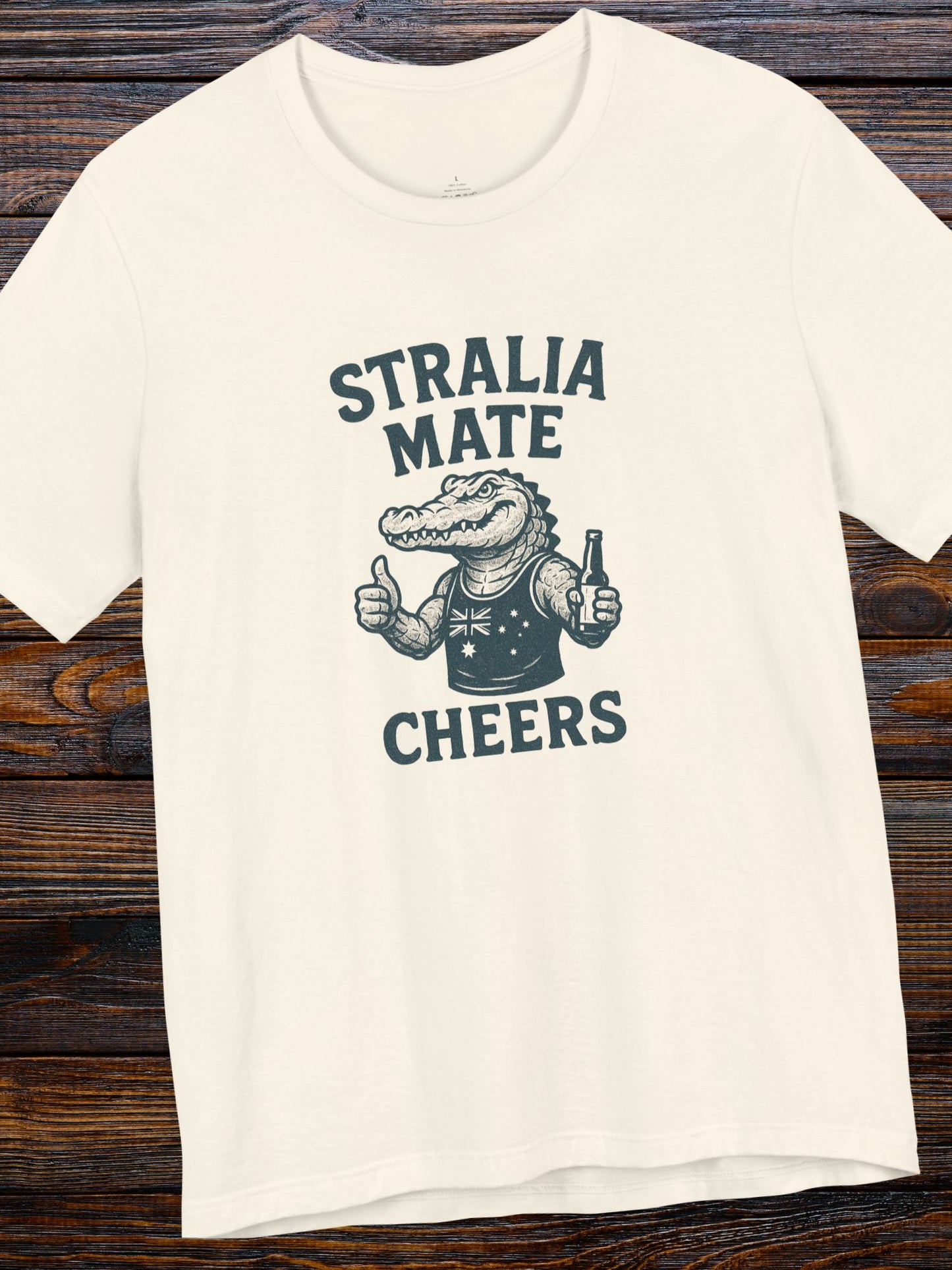 'Stralia Mate, Cheers' Aussie Gator Graphic T-Shirt, Australian Celebration Tee, Australia Day, Barbeque Cookout Camping Apparel, Drinking Tee