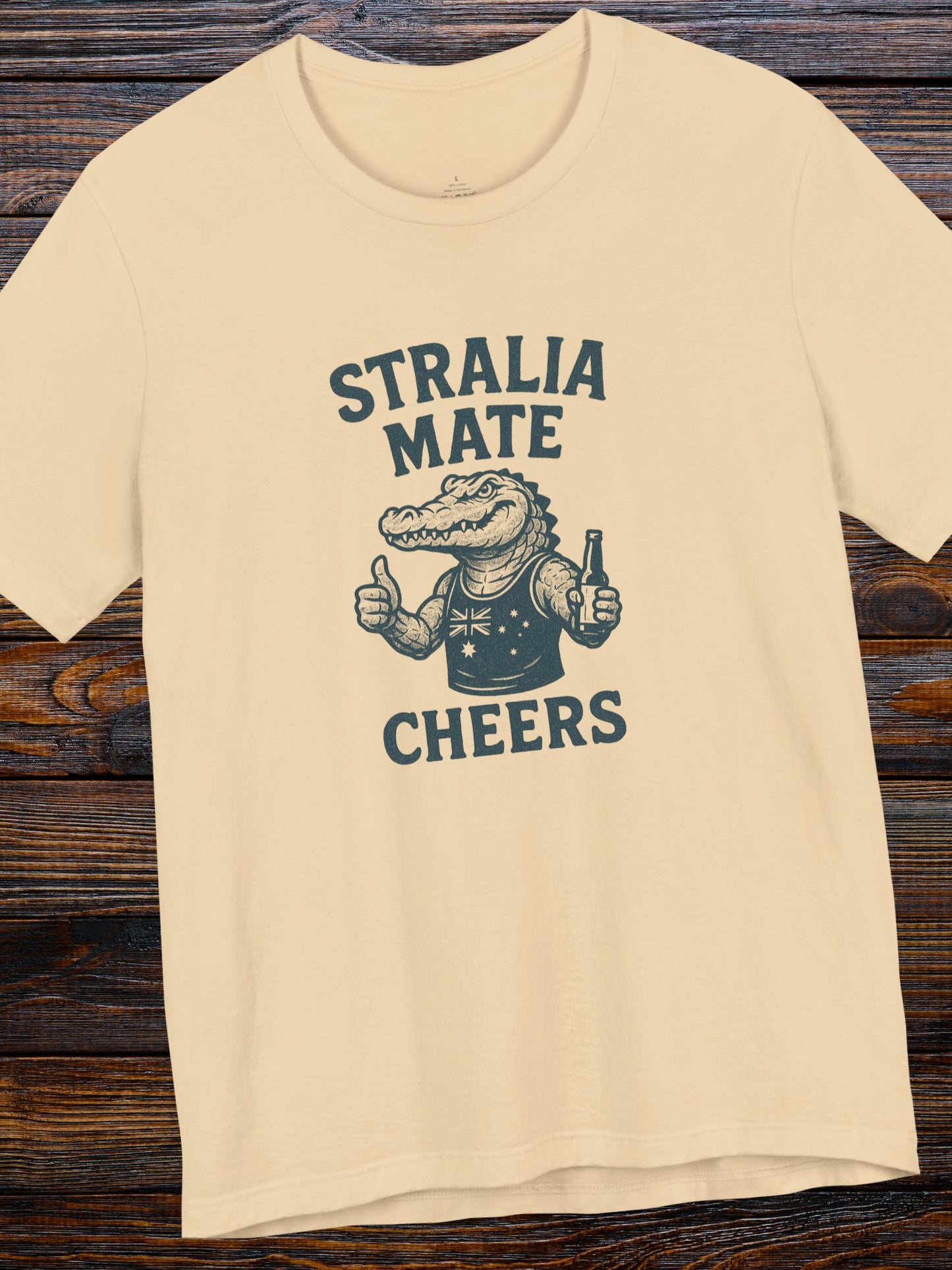 'Stralia Mate, Cheers' Aussie Gator Graphic T-Shirt, Australian Celebration Tee, Australia Day, Barbeque Cookout Camping Apparel, Drinking Tee