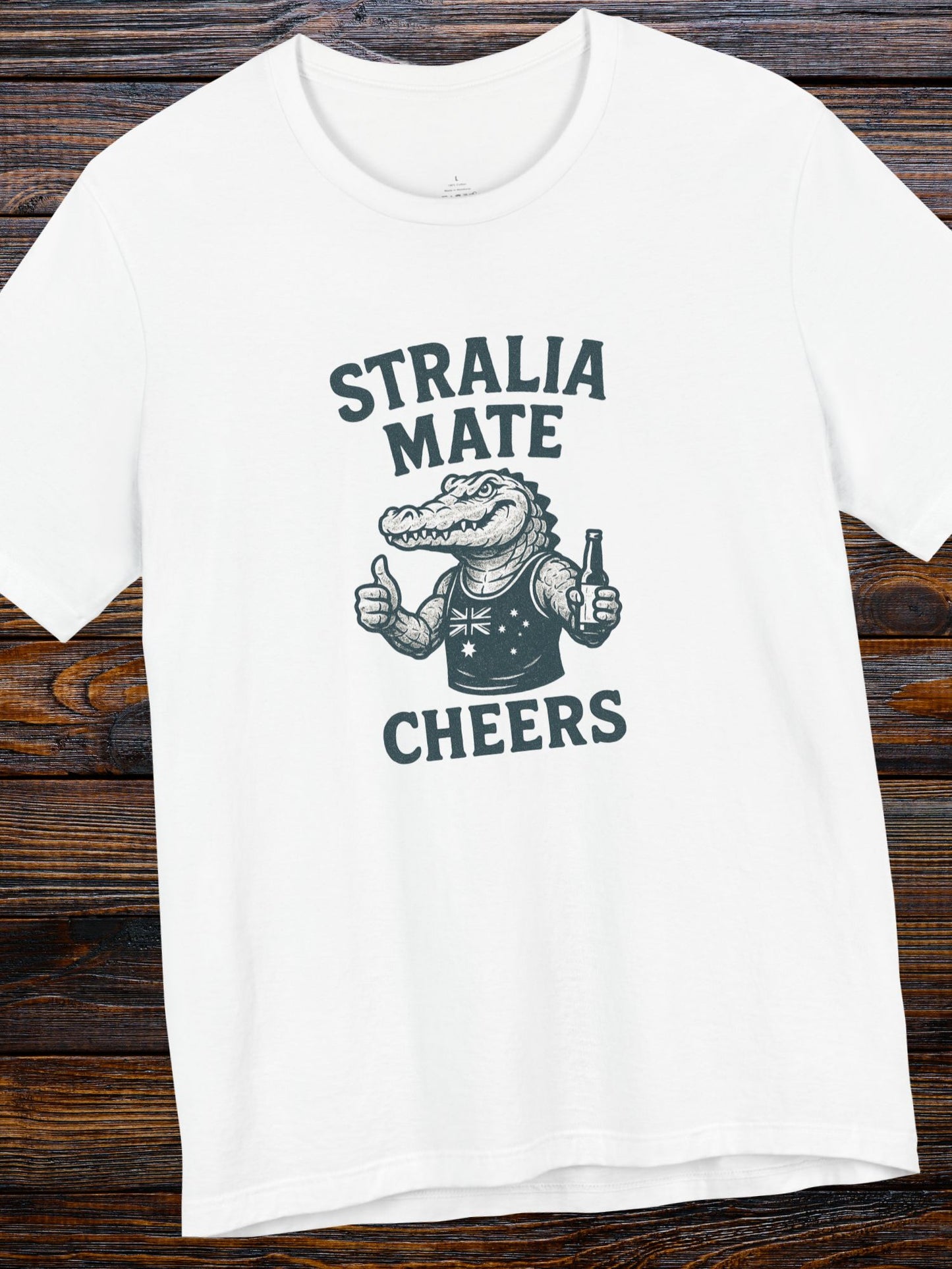 'Stralia Mate, Cheers' Aussie Gator Graphic T-Shirt, Australian Celebration Tee, Australia Day, Barbeque Cookout Camping Apparel, Drinking Tee