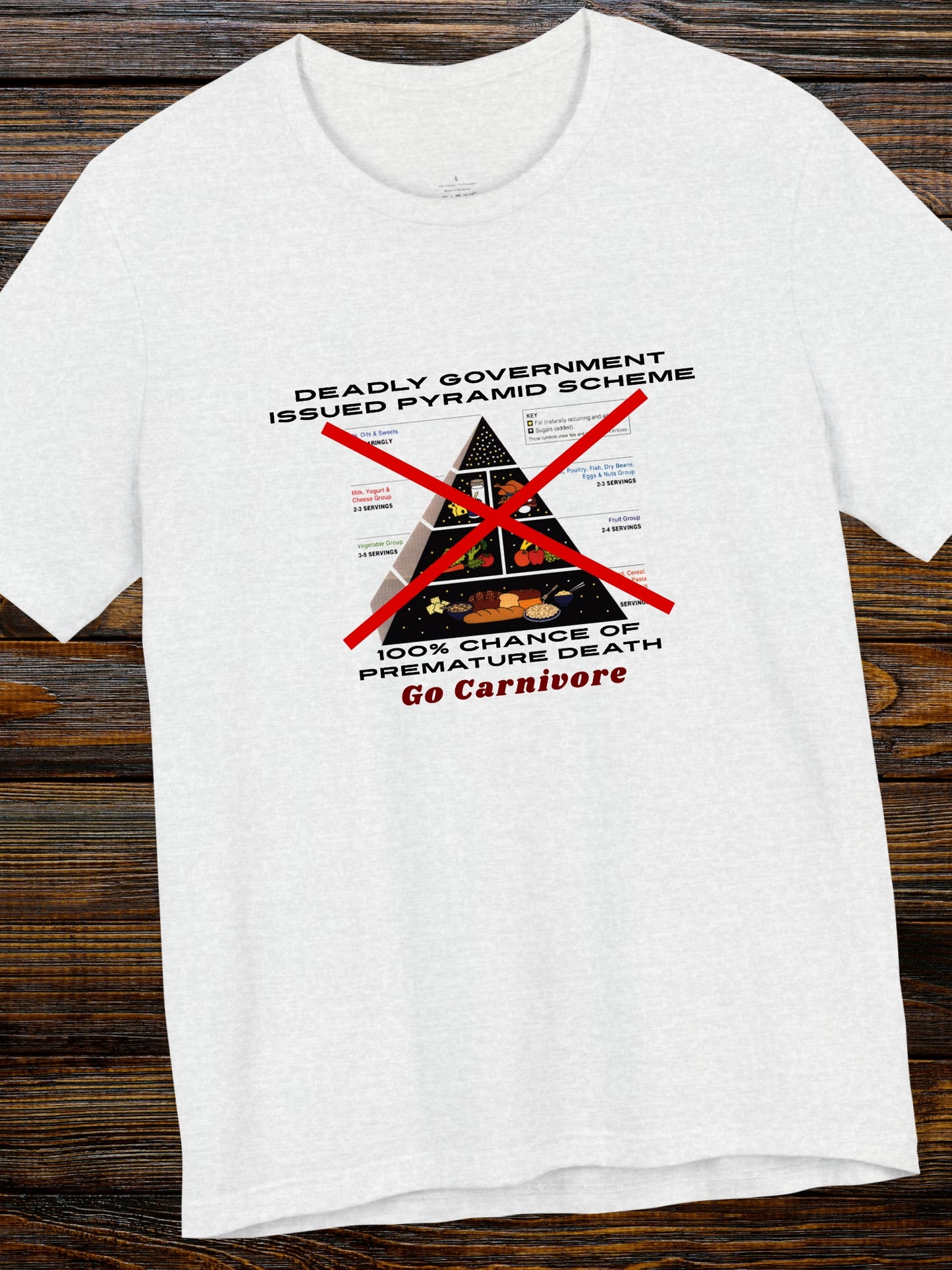 'Deadly Government Issued Pyramid Scheme, 100% Chance of Premature Death, Go Carnivore' Classic Food Pyramid Crossed Out Graphic Unisex T-Shirt, Health and Wellness, Carnivore Diet