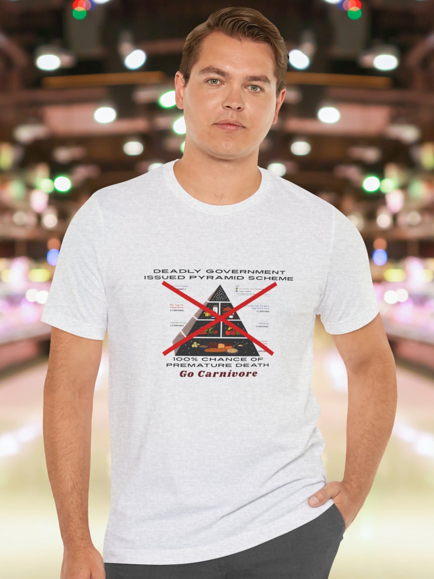 'Deadly Government Issued Pyramid Scheme, 100% Chance of Premature Death, Go Carnivore' Classic Food Pyramid Crossed Out Graphic Unisex T-Shirt, Health and Wellness, Carnivore Diet