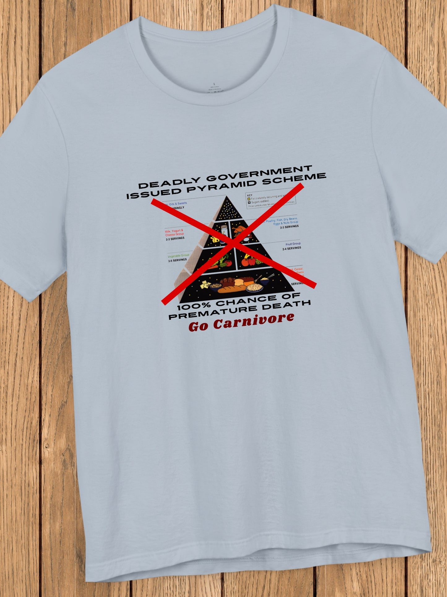 'Deadly Government Issued Pyramid Scheme, 100% Chance of Premature Death, Go Carnivore' Classic Food Pyramid Crossed Out Graphic Unisex T-Shirt, Health and Wellness, Carnivore Diet