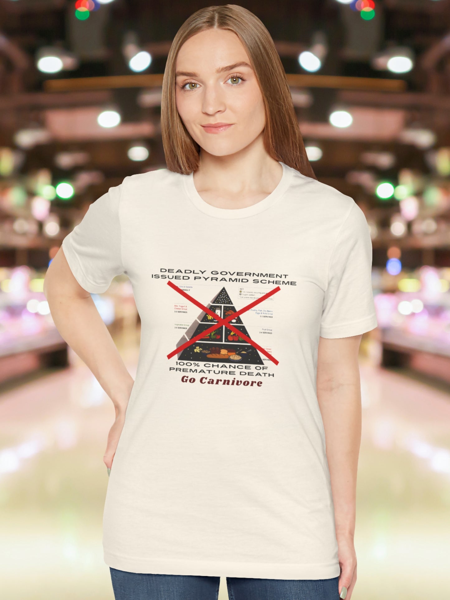 'Deadly Government Issued Pyramid Scheme, 100% Chance of Premature Death, Go Carnivore' Classic Food Pyramid Crossed Out Graphic Unisex T-Shirt, Health and Wellness, Carnivore Diet