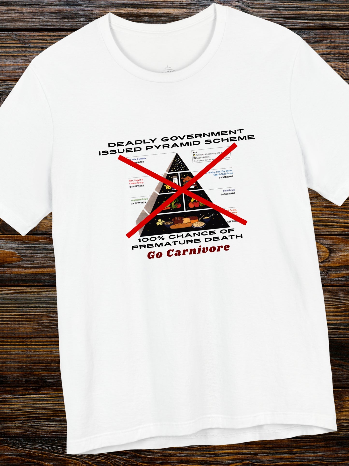 'Deadly Government Issued Pyramid Scheme, 100% Chance of Premature Death, Go Carnivore' Classic Food Pyramid Crossed Out Graphic Unisex T-Shirt, Health and Wellness, Carnivore Diet